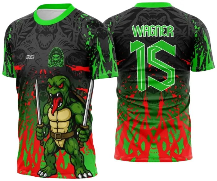 Camiseta unissex preta com logo no peito e estampa grande nas costas com tema Interclasse Tartaruga Ninja 2025, estilo moderno e vibrante.