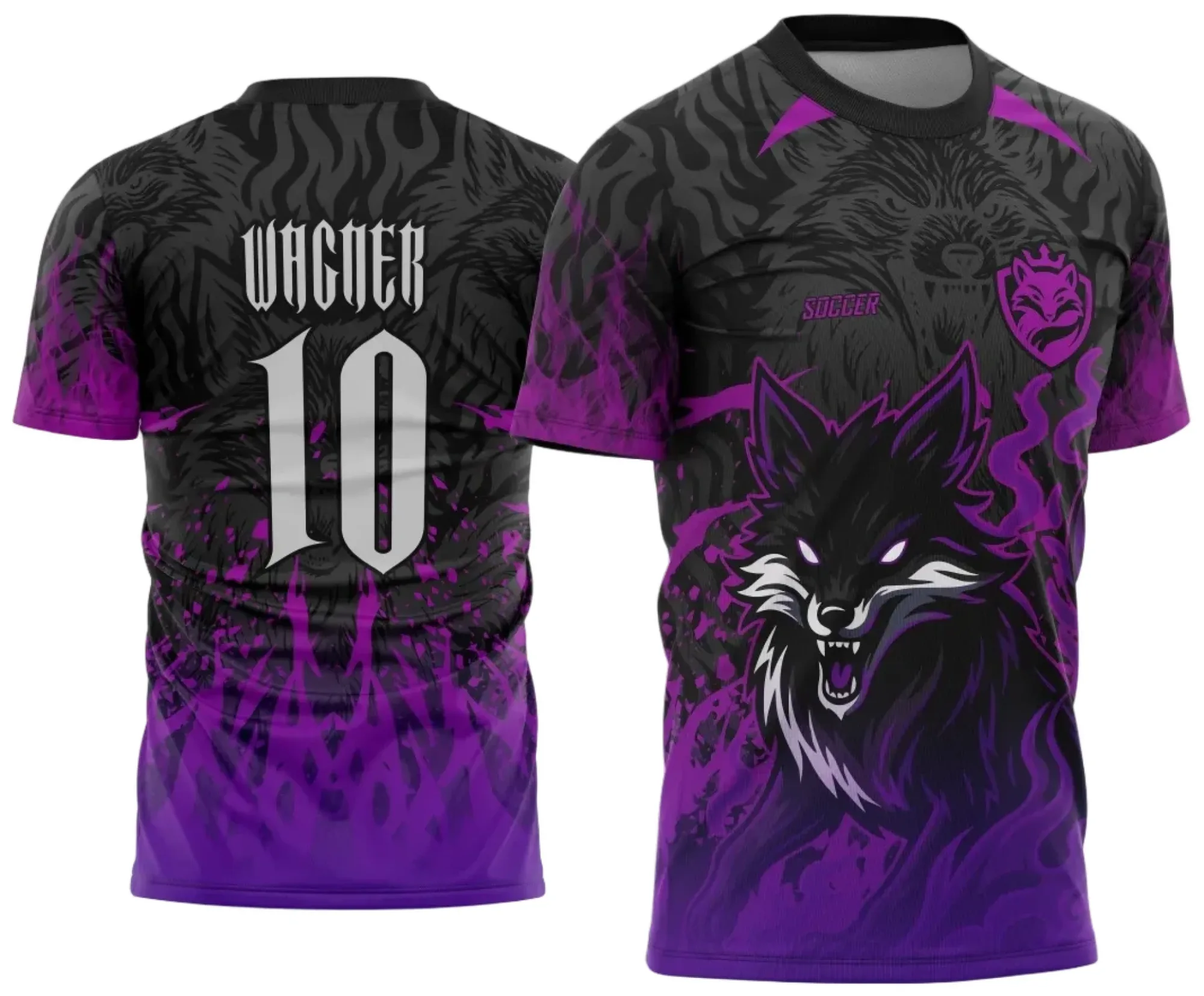 Camiseta unissex preta com logo no peito e estampa grande nas costas representando Raposa Roxa e Lobo em estilo interclasse 2025, perfeita para eventos e ocasiões especiais.