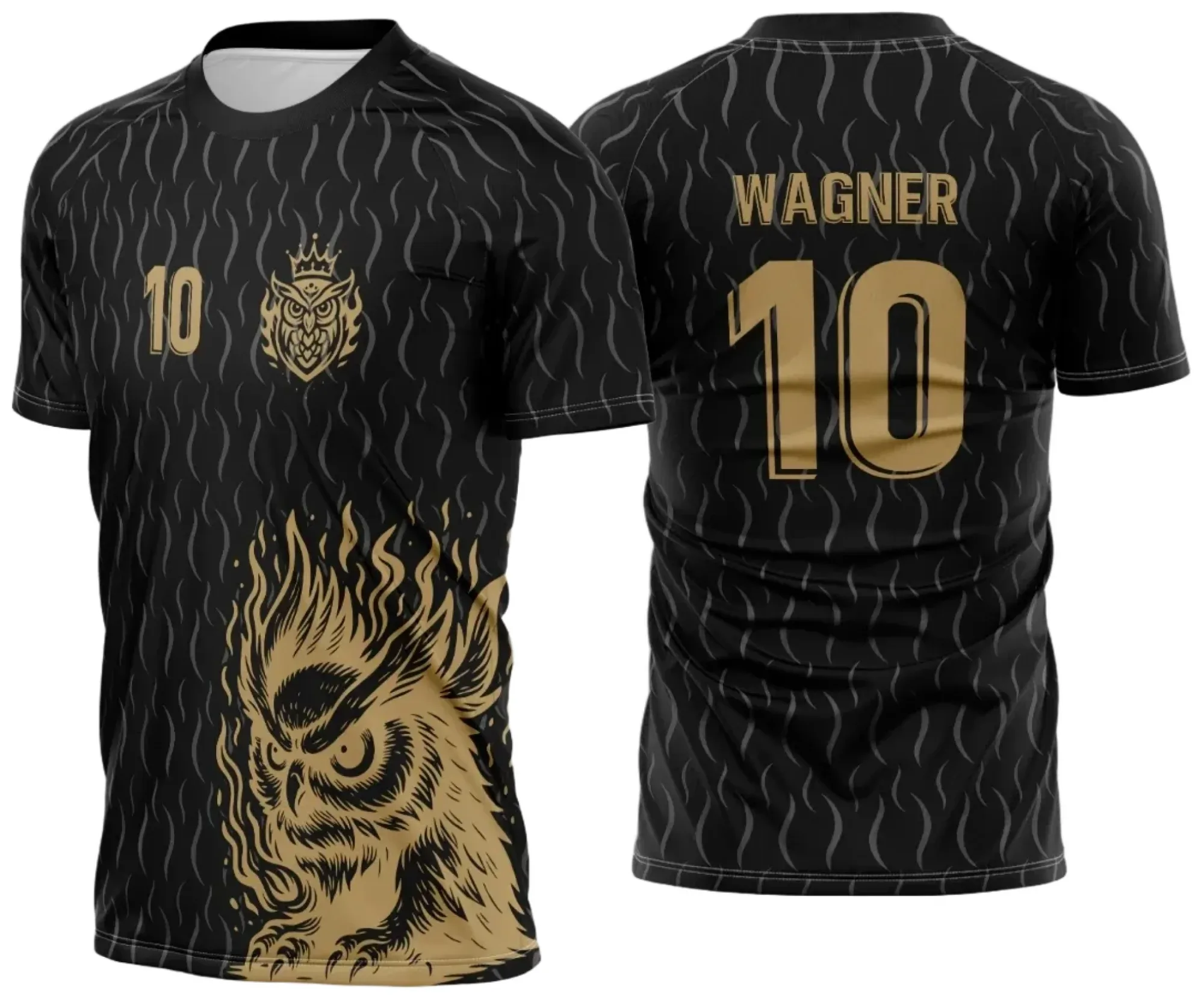 Camiseta unissex preta com logo no peito e estampa grande nas costas apresentando Coruja do Interclasse 2025, ideal para ocasiões especiais e eventos escolares.