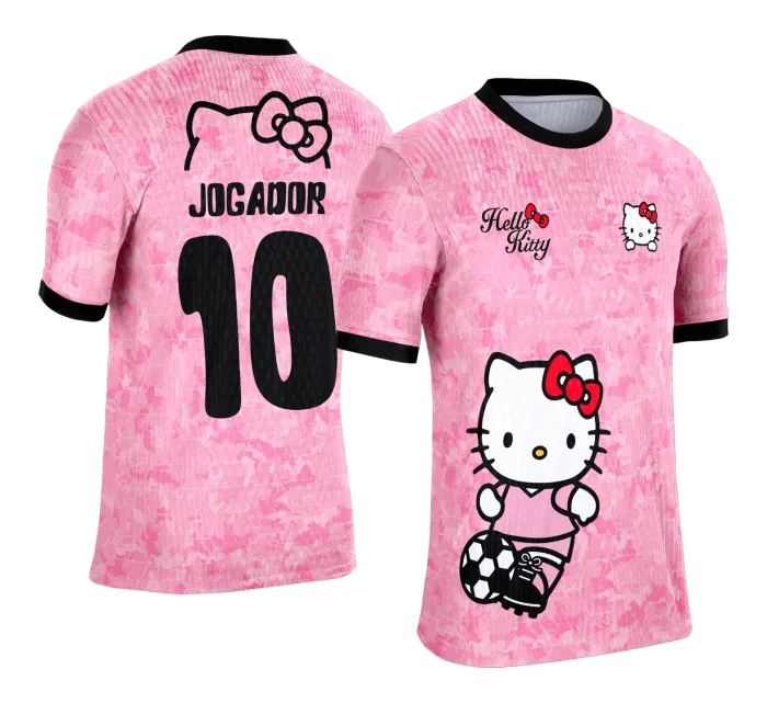 Camiseta unissex branca com logo no peito e estampa grande nas costas com tema Camisa de Interclasse Hello Kitty, ideal para eventos escolares e fãs da personagem.