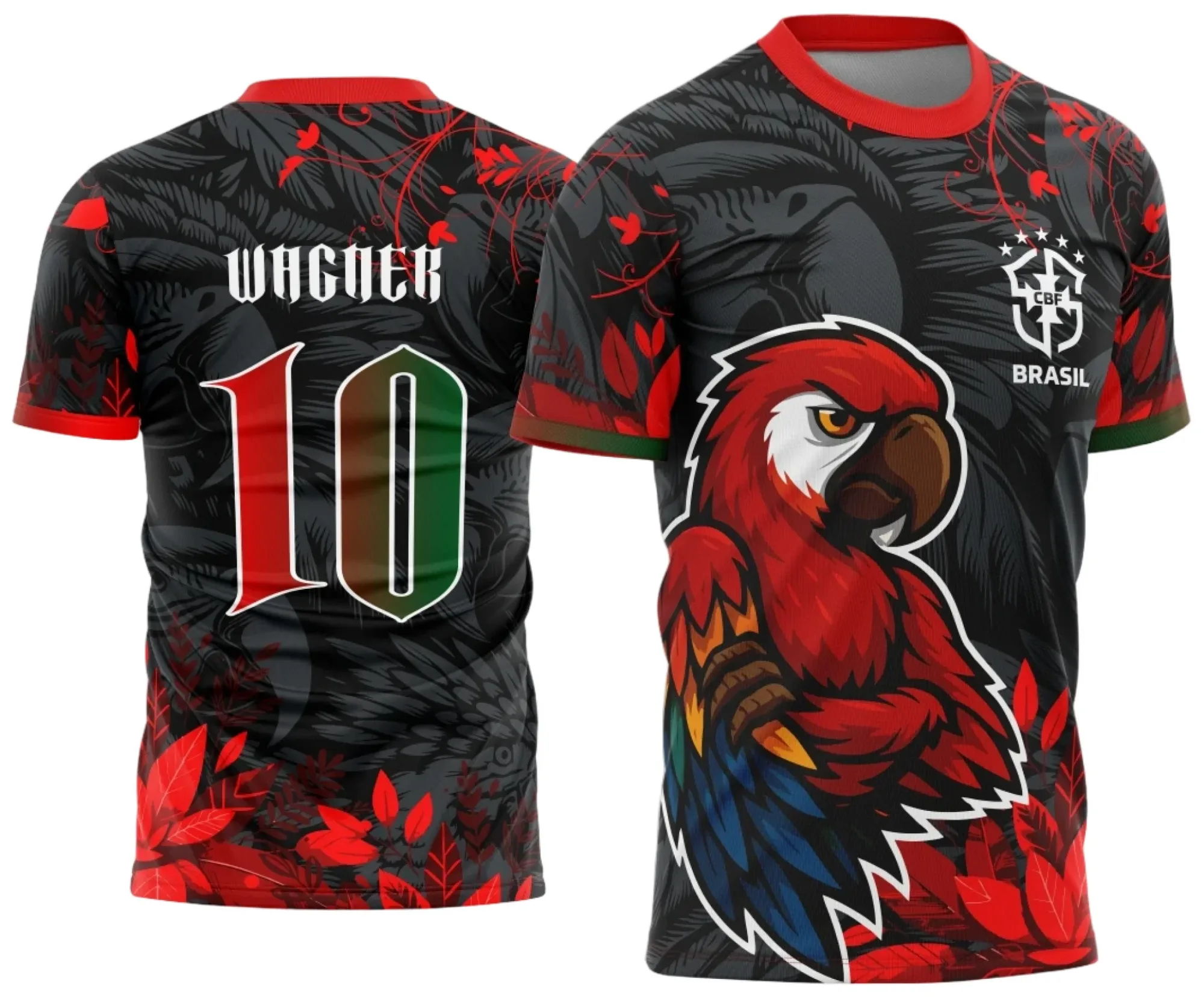 Camiseta unissex preta com logo no peito e estampa grande nas costas com tema Arara Vermelha, estilo interclasse vibrante e moderno.