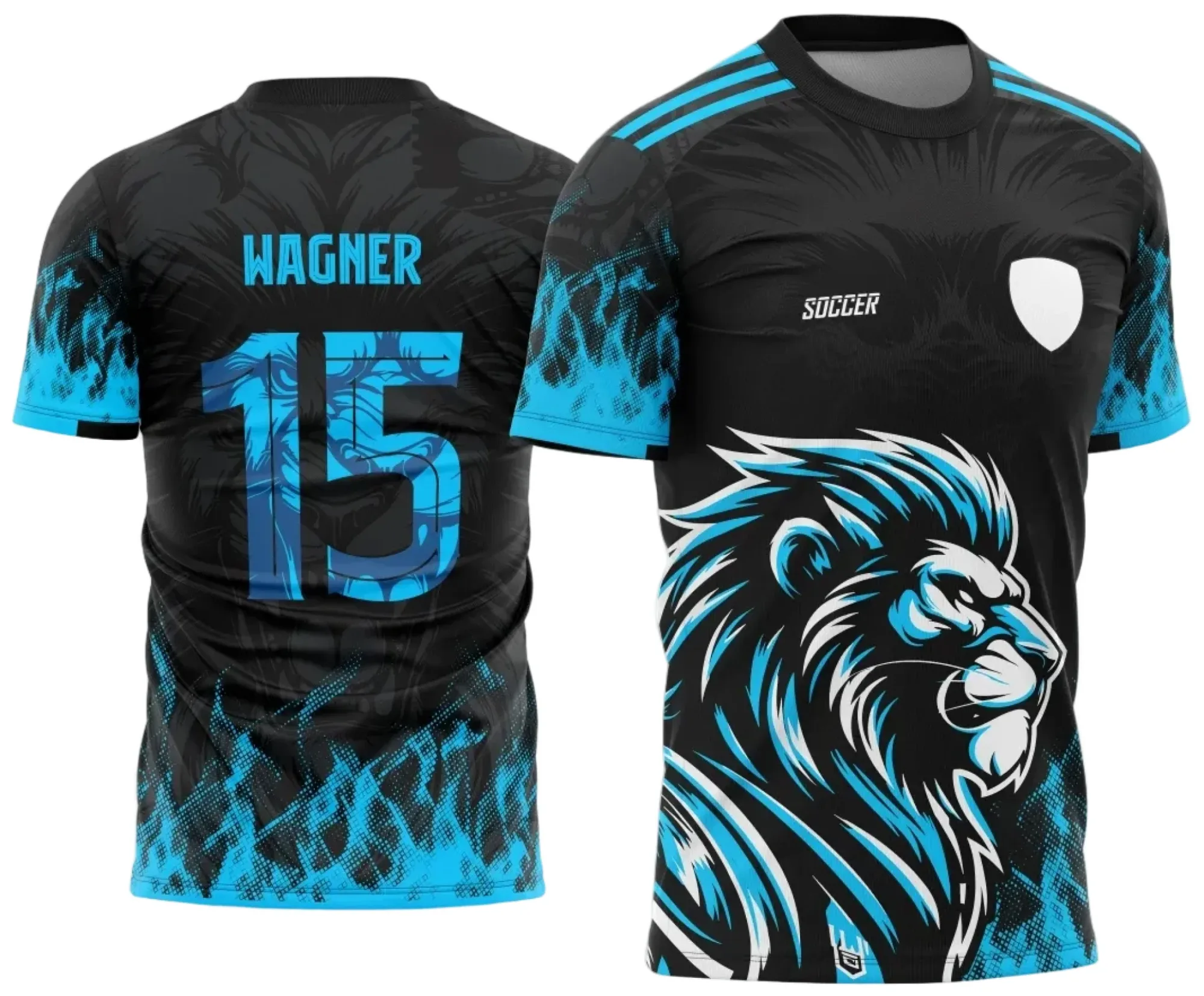 Camiseta preta unissex com logo no peito e estampa grande nas costas de Leão Azul, ideal para camisa de interclasse com visual moderno e vibrante