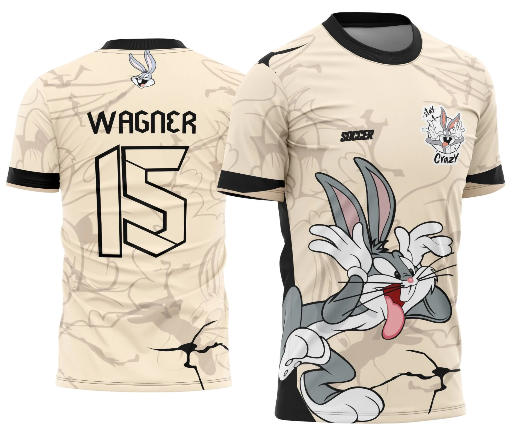 Camiseta unissex bege com logo no peito e estampa grande nas costas com tema de Interclasse Perna Longa 2025, perfeita para eventos escolares e grupos, estilo moderno com base clara.