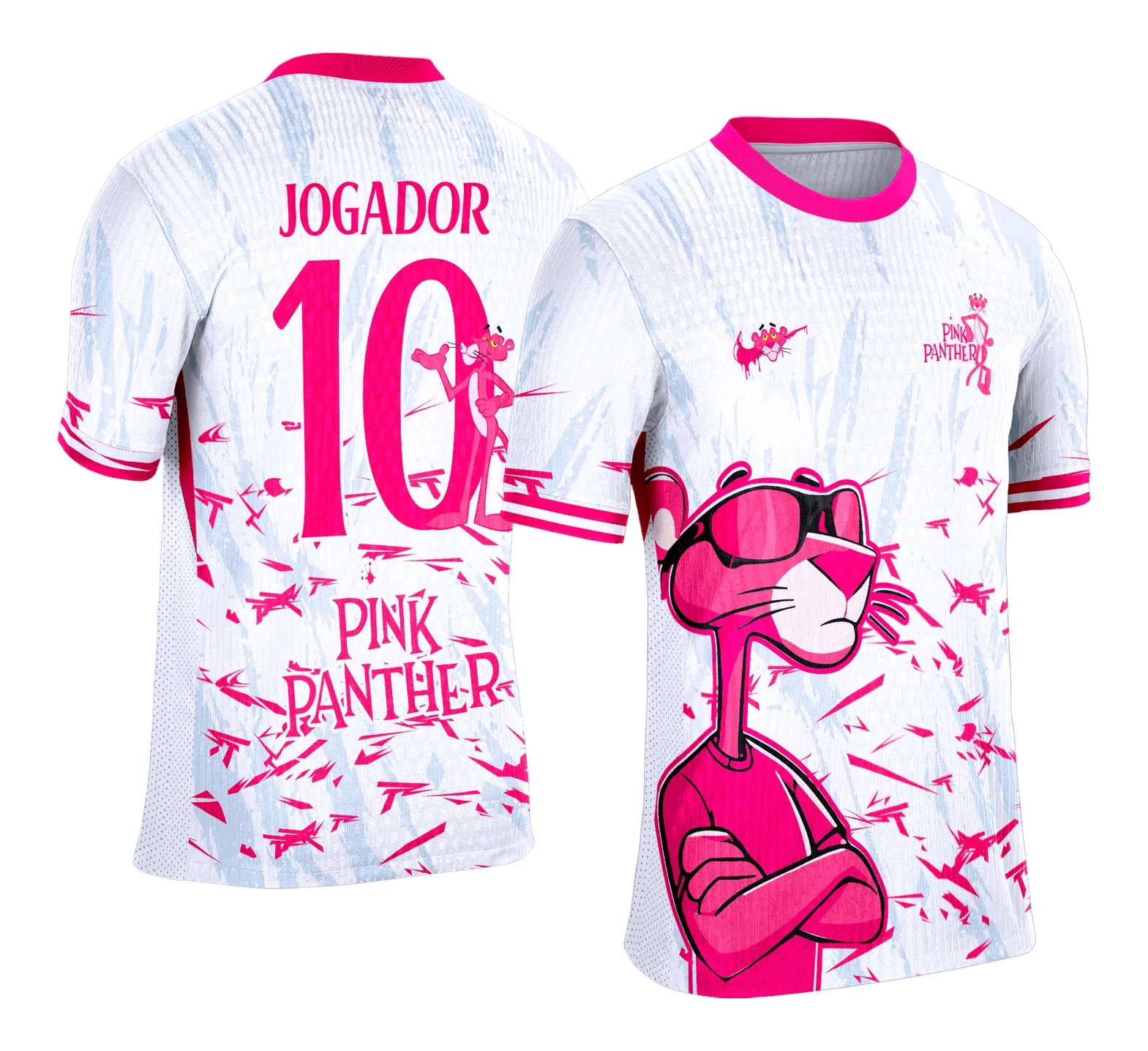 Camiseta unissex preta com logo no peito e estampa grande nas costas da Pantera Cor de Rosa modelo 3, perfeita para eventos de interclasse e estilo descolado.