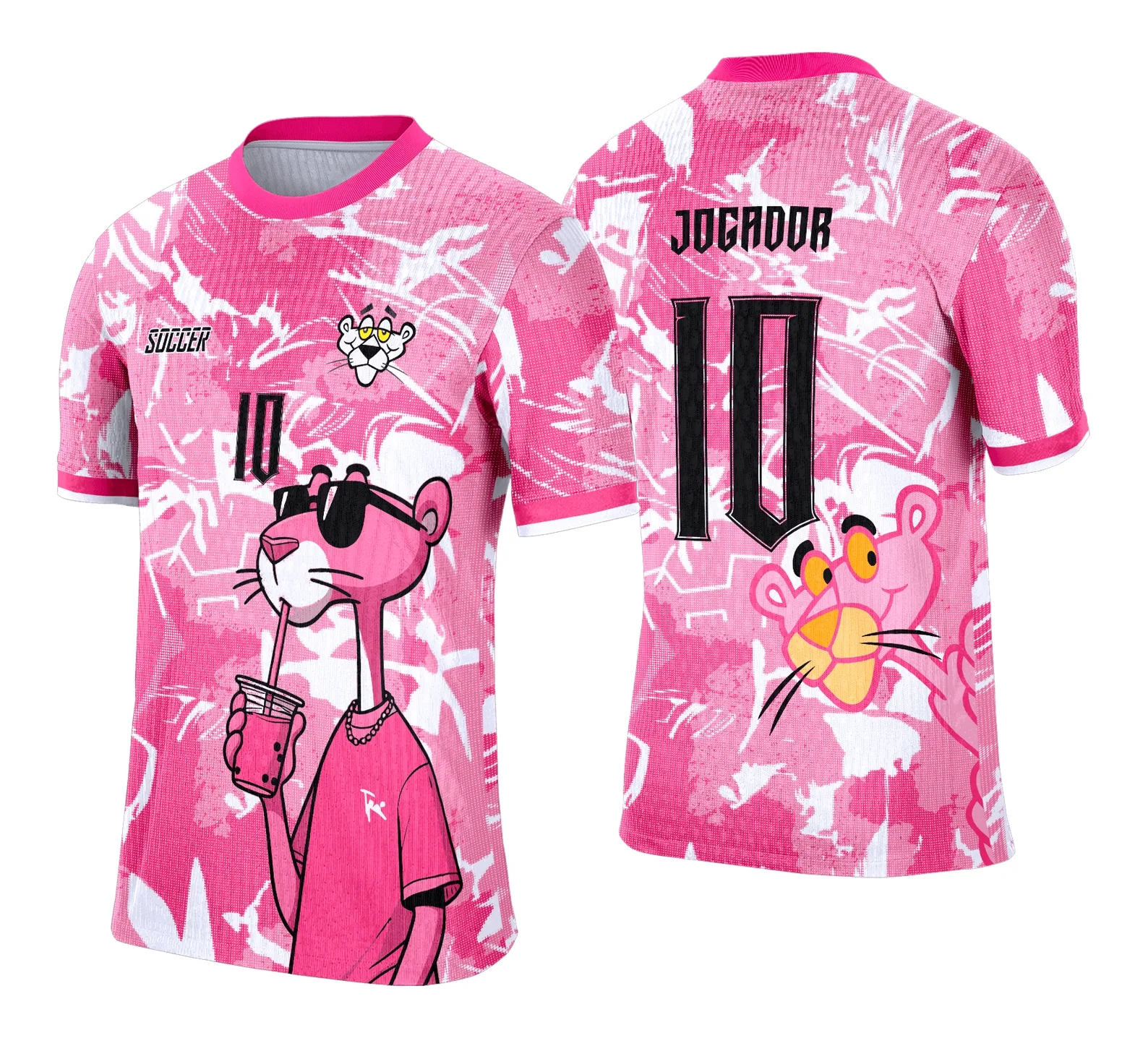 Camiseta unissex preta com logo no peito e estampa grande nas costas da Pantera Cor de Rosa, perfeita para eventos e interclasses, destacando estilo moderno e único.