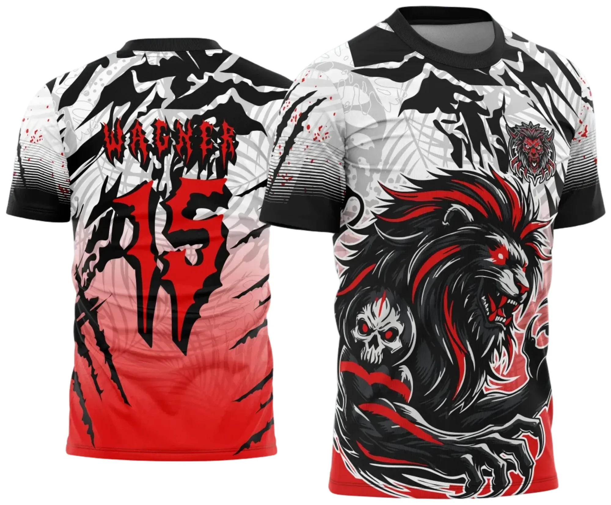 Camiseta unissex preta com logo no peito e estampa grande nas costas inspirada no leão da camisa de interclasse 2025.