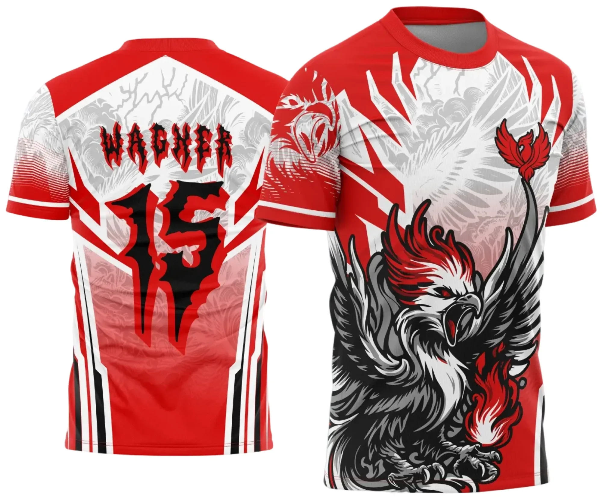 Camiseta unissex preta com logo no peito e estampa grande nas costas com tema Fênix para Interclasse, ideal para eventos escolares e esportivos.