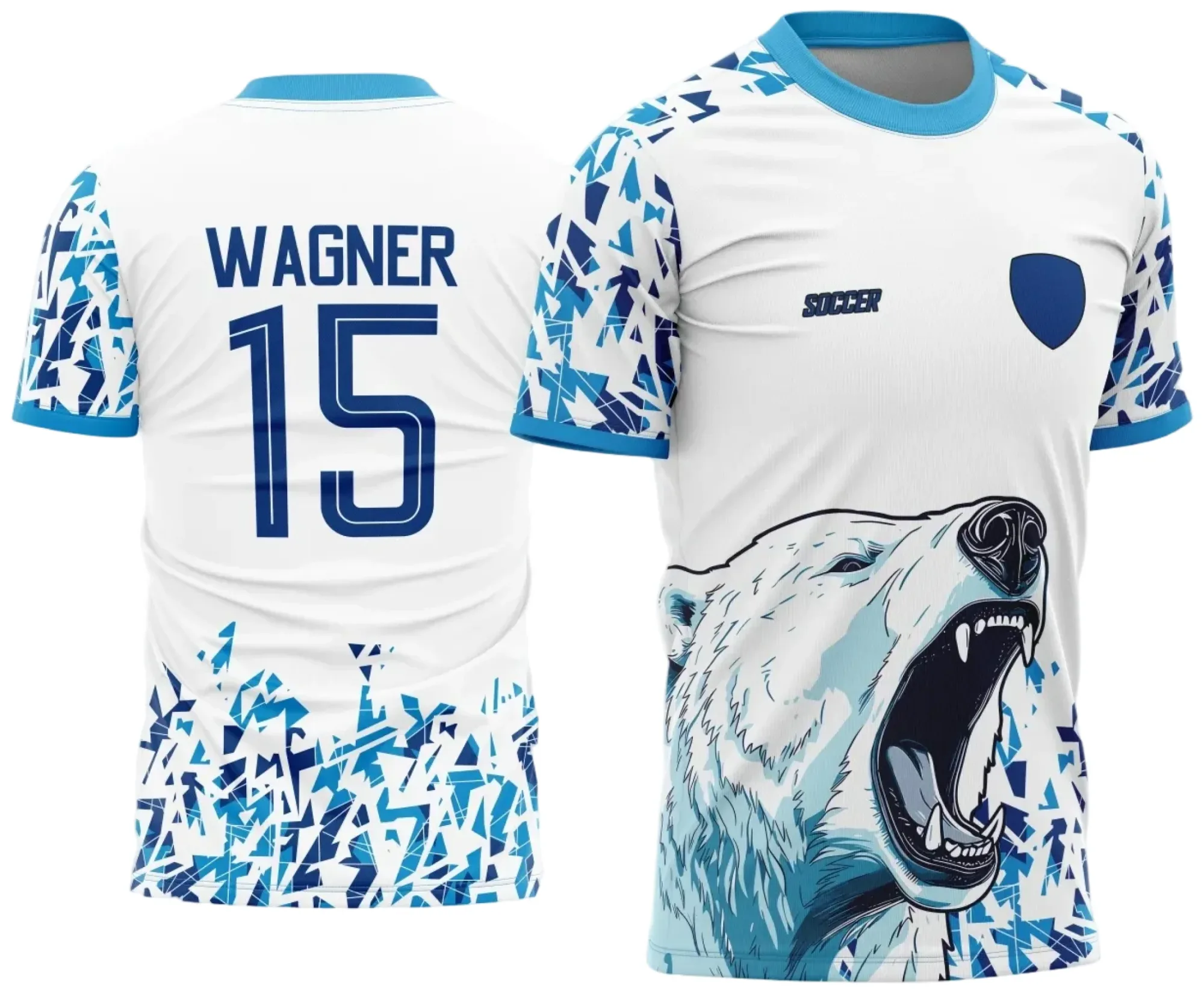 Camiseta unissex branca com logo no peito e estampa grande nas costas do urso branco do Interclasse, design moderno e atraente para eventos e uso diário.