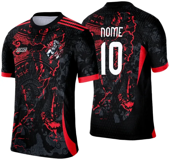 Camiseta unissex preta com logo no peito e estampa grande nas costas com design inspirado em Zeus Interclasse, perfeito para quem busca estilo e personalidade.