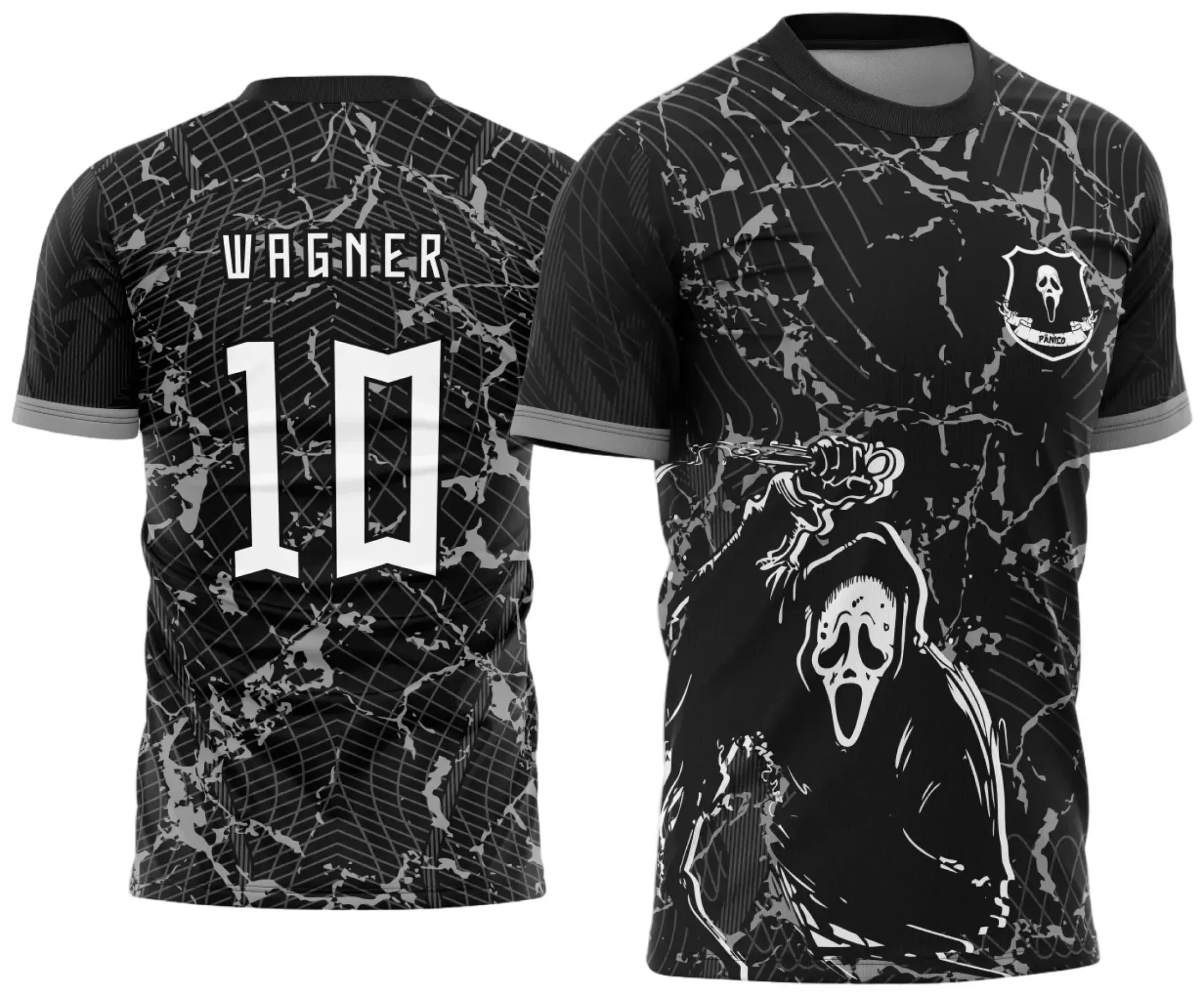 Camiseta unissex preta com logo no peito e estampa grande nas costas da Interclasse Pânico 2025, design moderno e impactante para eventos escolares e confraternizações.