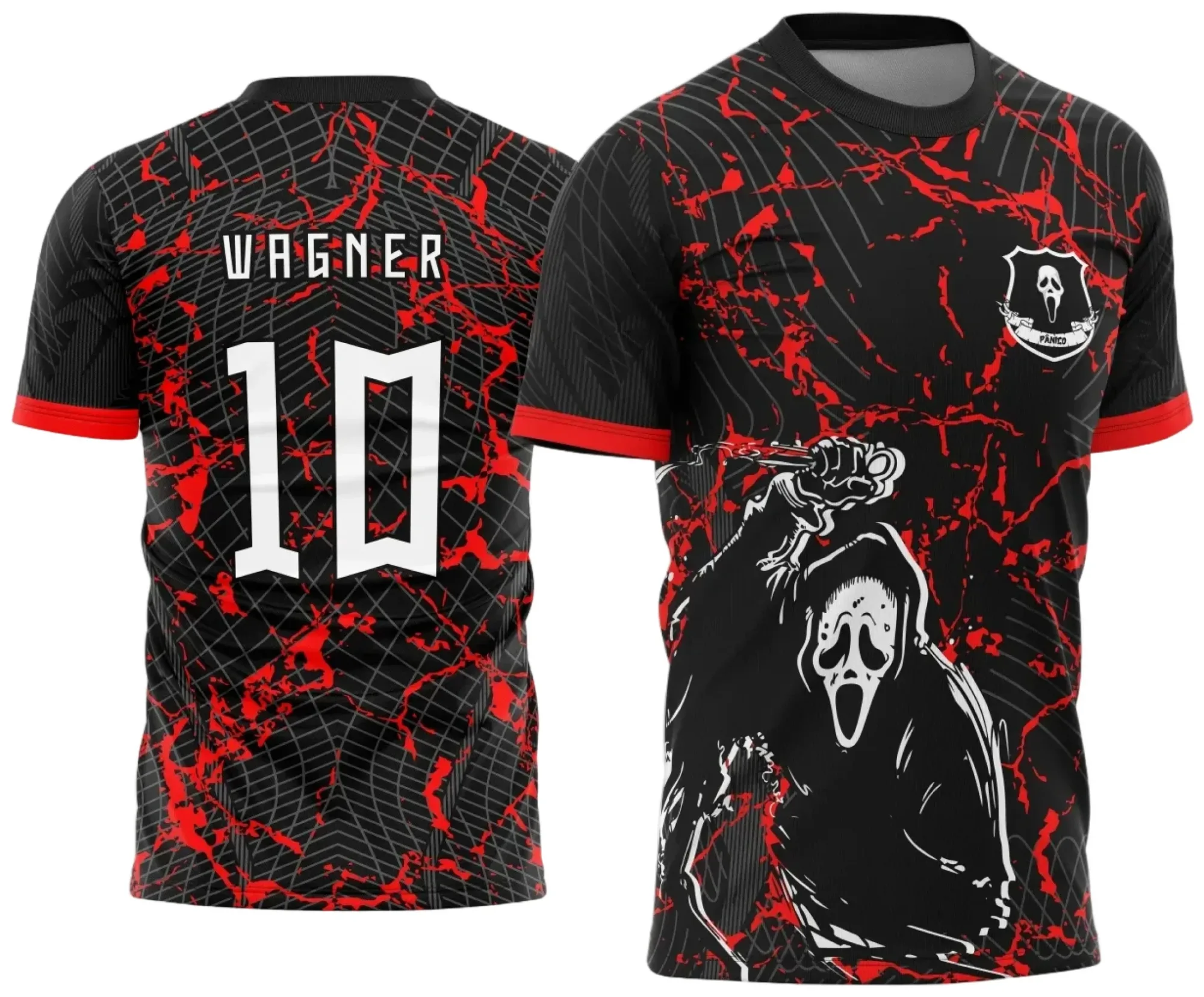 Camiseta unissex preta com logo no peito e estampa grande nas costas mostrando o tema Interclasse Pânico 2025 em design moderno e vibrante