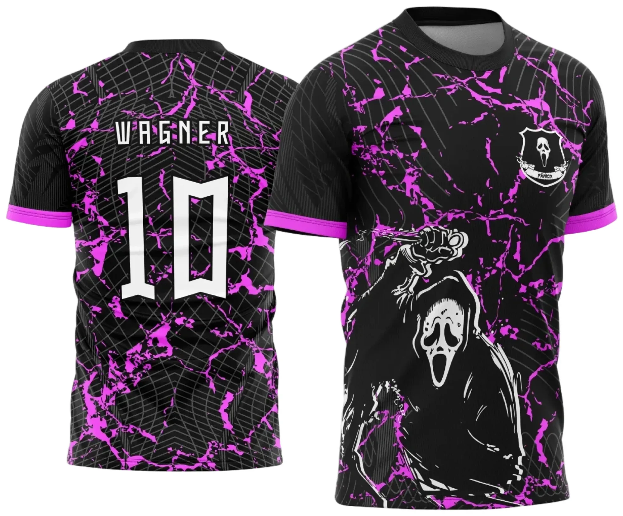 Camiseta unissex preta com logo no peito e estampa grande nas costas inspirada em Interclasse Pânico 2025 modelo 3, perfeita para eventos e uso casual com visual moderno e impactante.