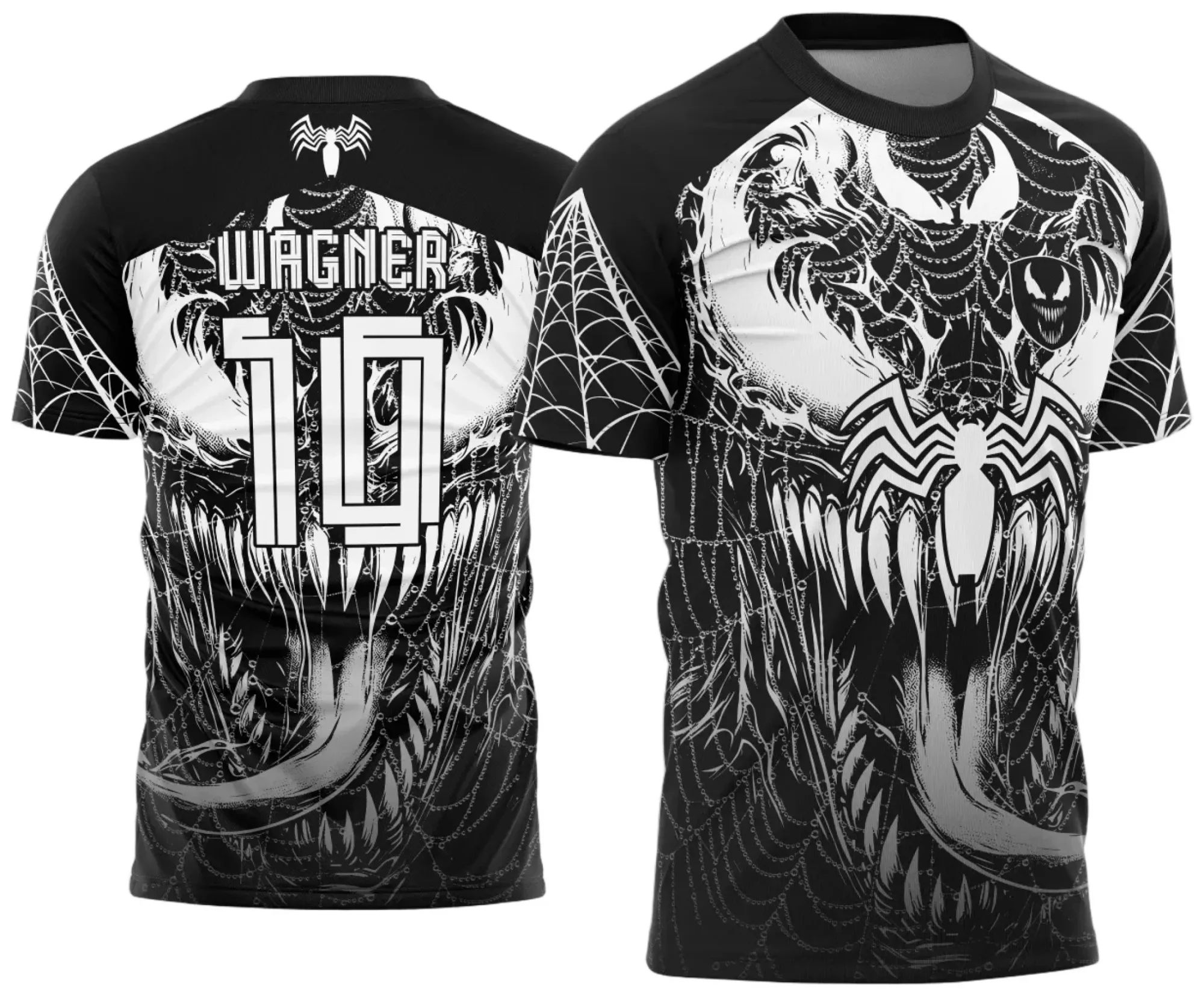 Camiseta unissex preta com logo no peito e estampa grande nas costas do tema Interclasse Venom 2025 Modelo 5, design marcante e moderno, ideal para eventos e uso casual.