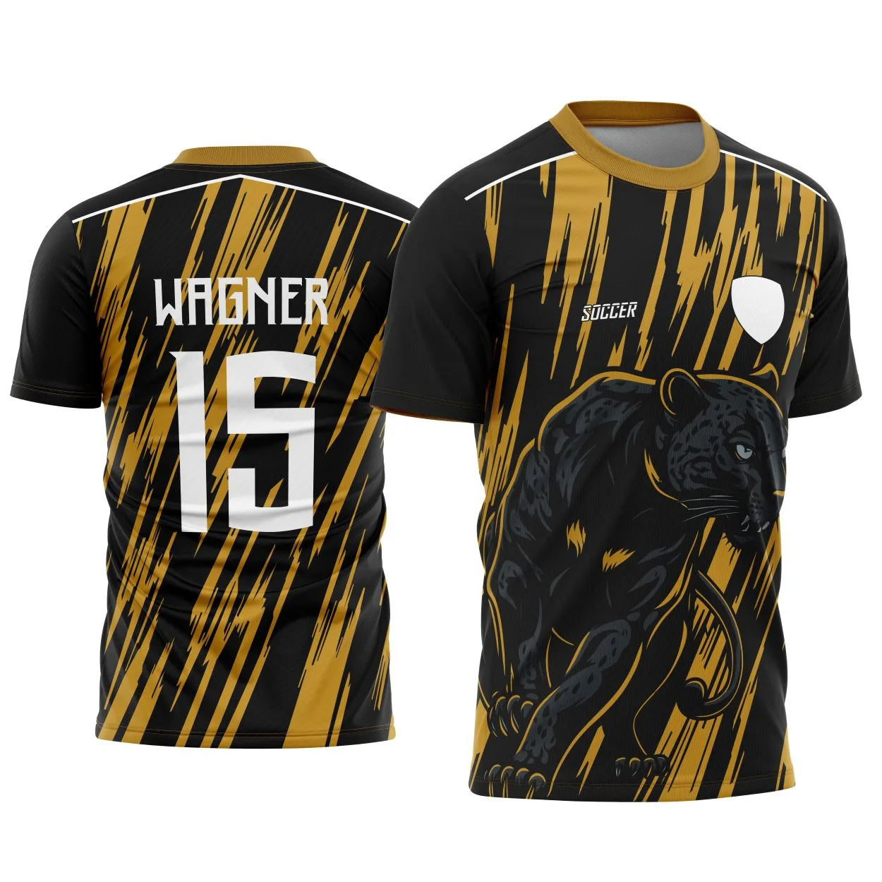 Foto de camiseta unissex preta com logo no peito e estampa grande nas costas da Pantera Negra, tema Interclasse, perfeita para eventos e uso casual.