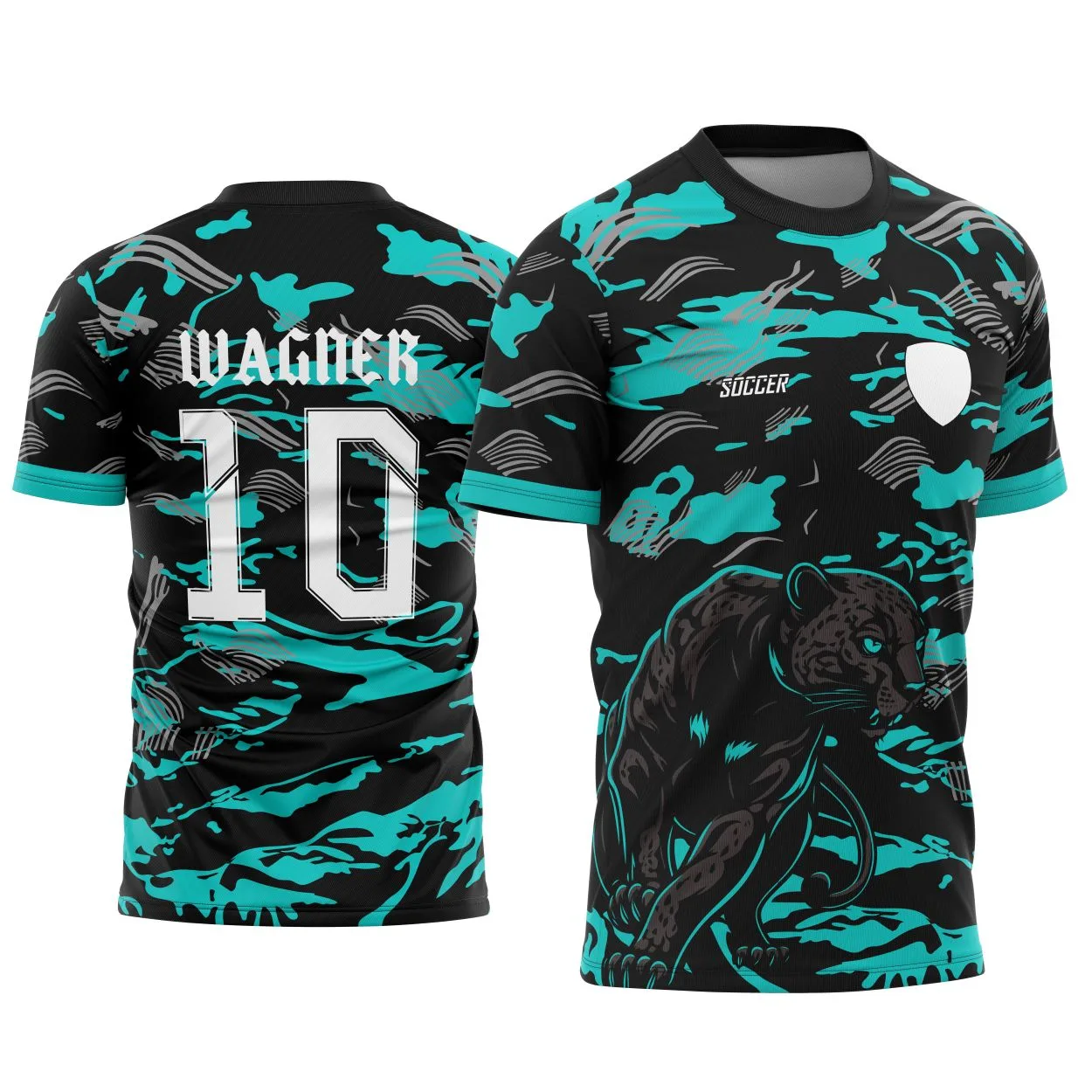 Camiseta unissex preta com logo no peito e estampa grande nas costas do Pantera Negra estilo Interclasse modelo 2, ideal para fãs e eventos temáticos.