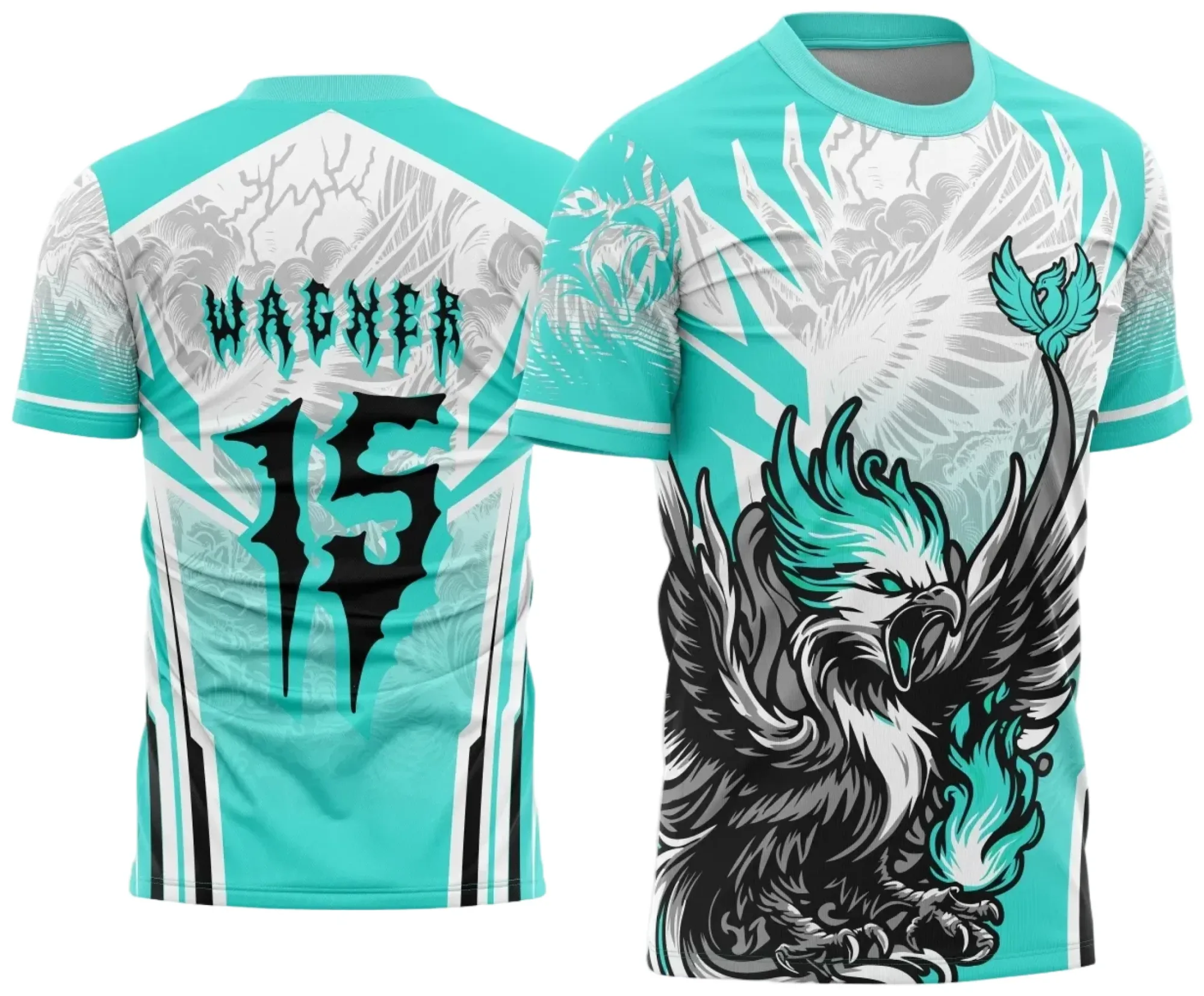 Camiseta unissex preta com logo no peito e estampa grande nas costas, tema Fênix do Interclasse, design marcante e moderno ideal para uso casual e eventos escolares.