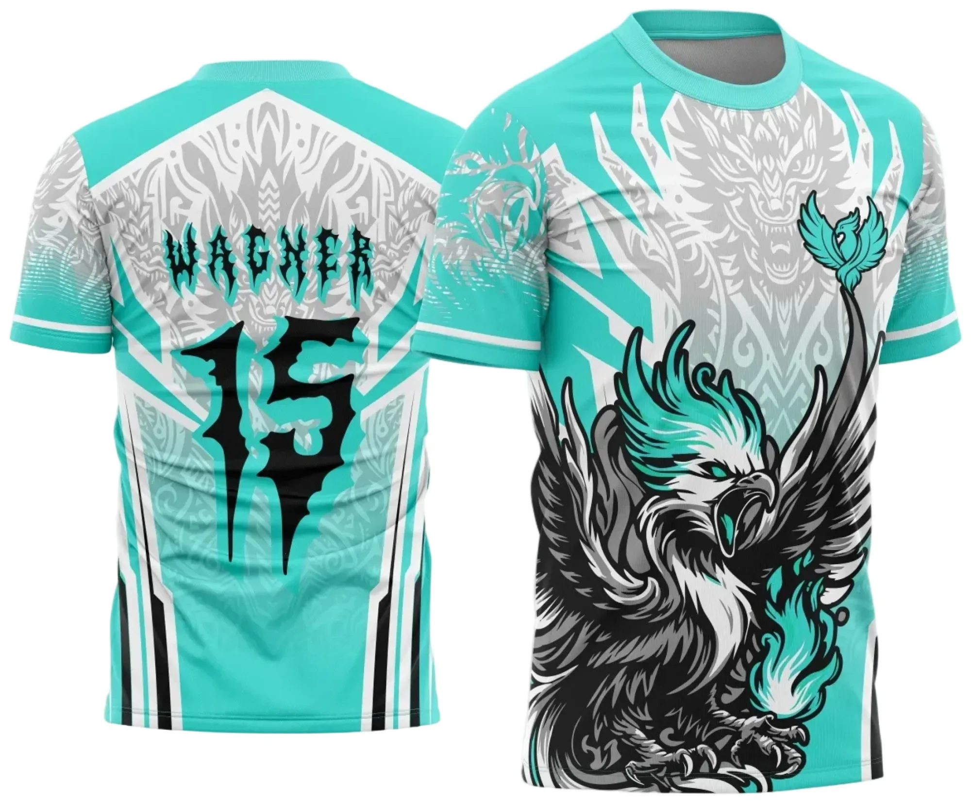 Camiseta unissex preta com logo no peito e estampa grande nas costas de fênix, estilo moderno e vibrante, perfeita para seu visual no interclasse.