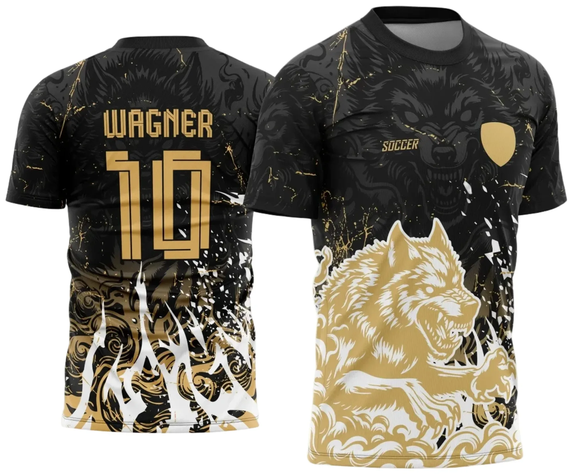 Camiseta unissex preta com logo no peito e estampa grande nas costas mostrando o Lobo do Interclasse Modelo 2, ideal para escola, grupo ou evento.