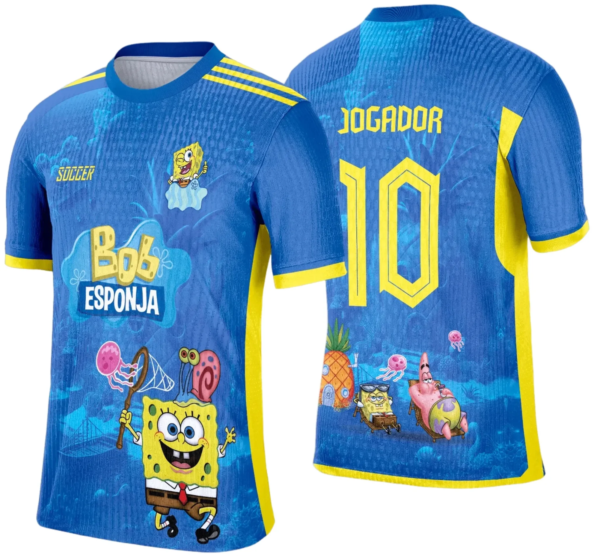Camiseta unissex preta com logo no peito e estampa grande nas costas do Bob Esponja no tema Camisa de Interclasse, ideal para eventos e uso casual.