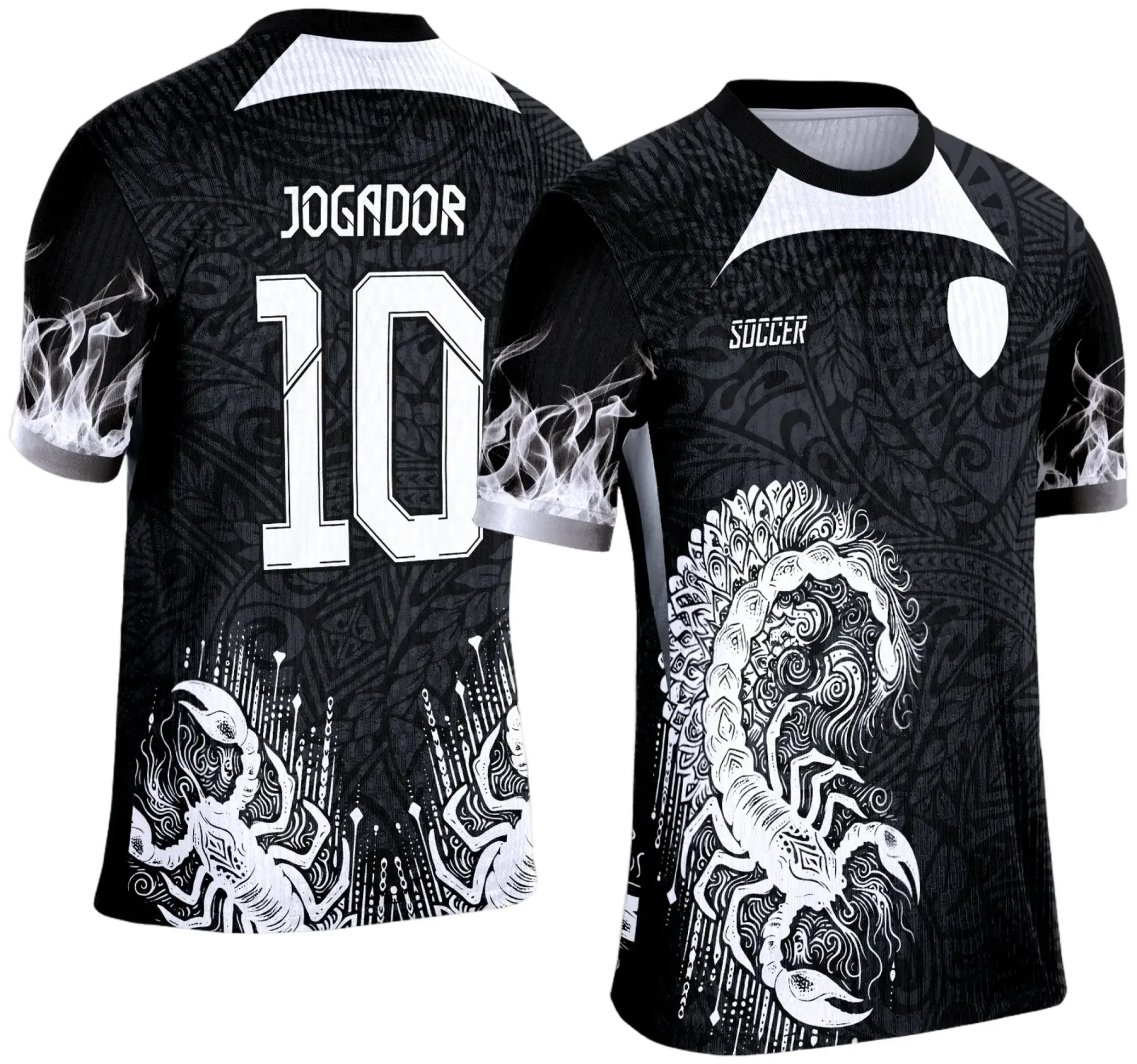 Camiseta unissex preta com logo no peito e estampa grande nas costas mostrando escorpião estilizado em design para camisa de interclasse, perfeita para usar em eventos escolares.