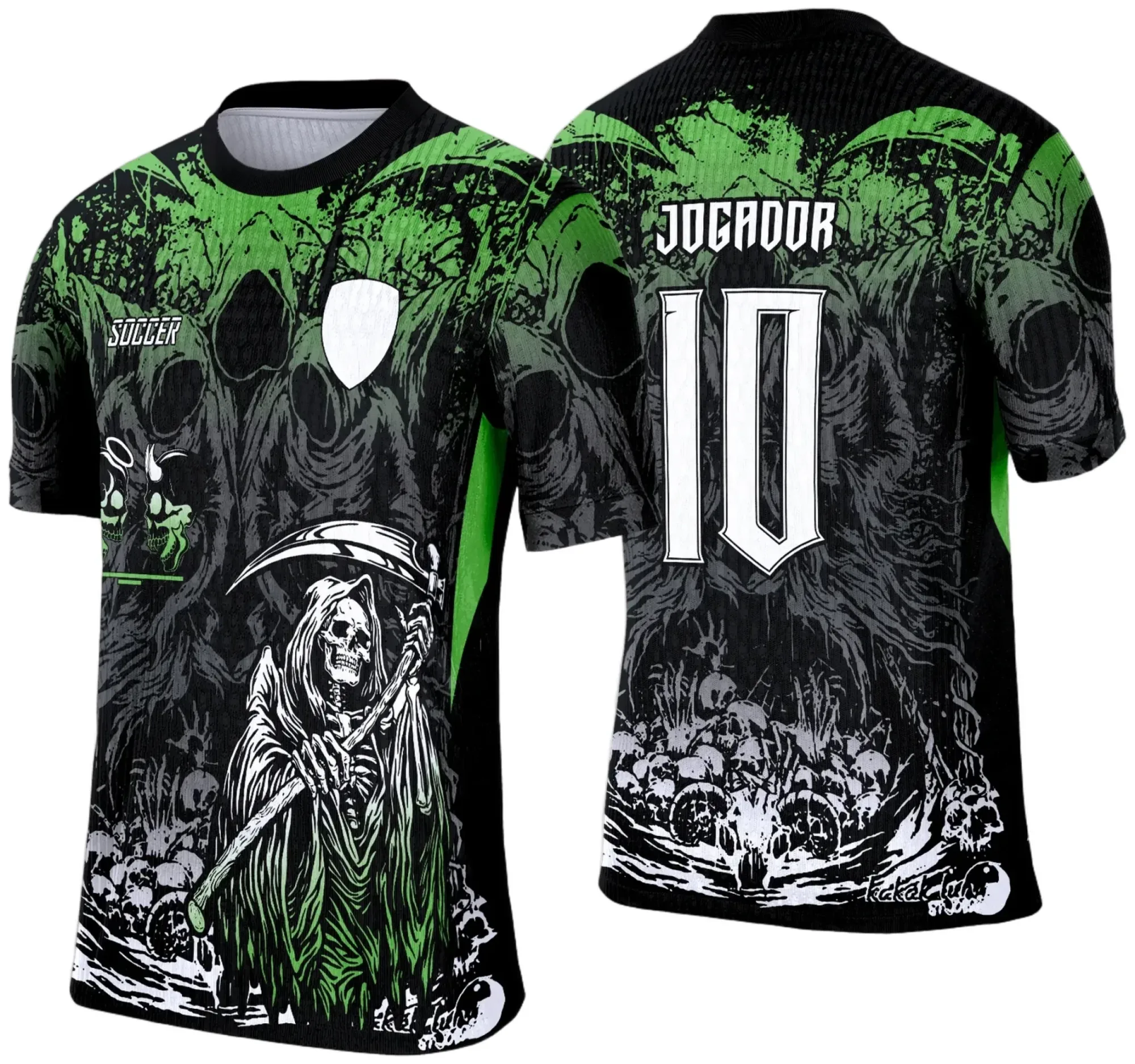 Camiseta unissex preta com logo no peito e estampa grande nas costas do Ceifador, perfeita para eventos de interclasse ou uso casual.