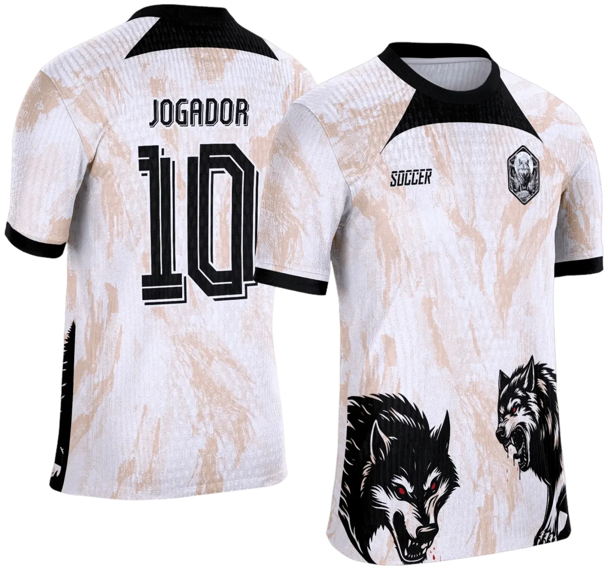 Camiseta unissex preta com logo no peito e estampa grande nas costas mostrando um lobo imponente, ideal para fãs de temas interclasse e estilo urbano.