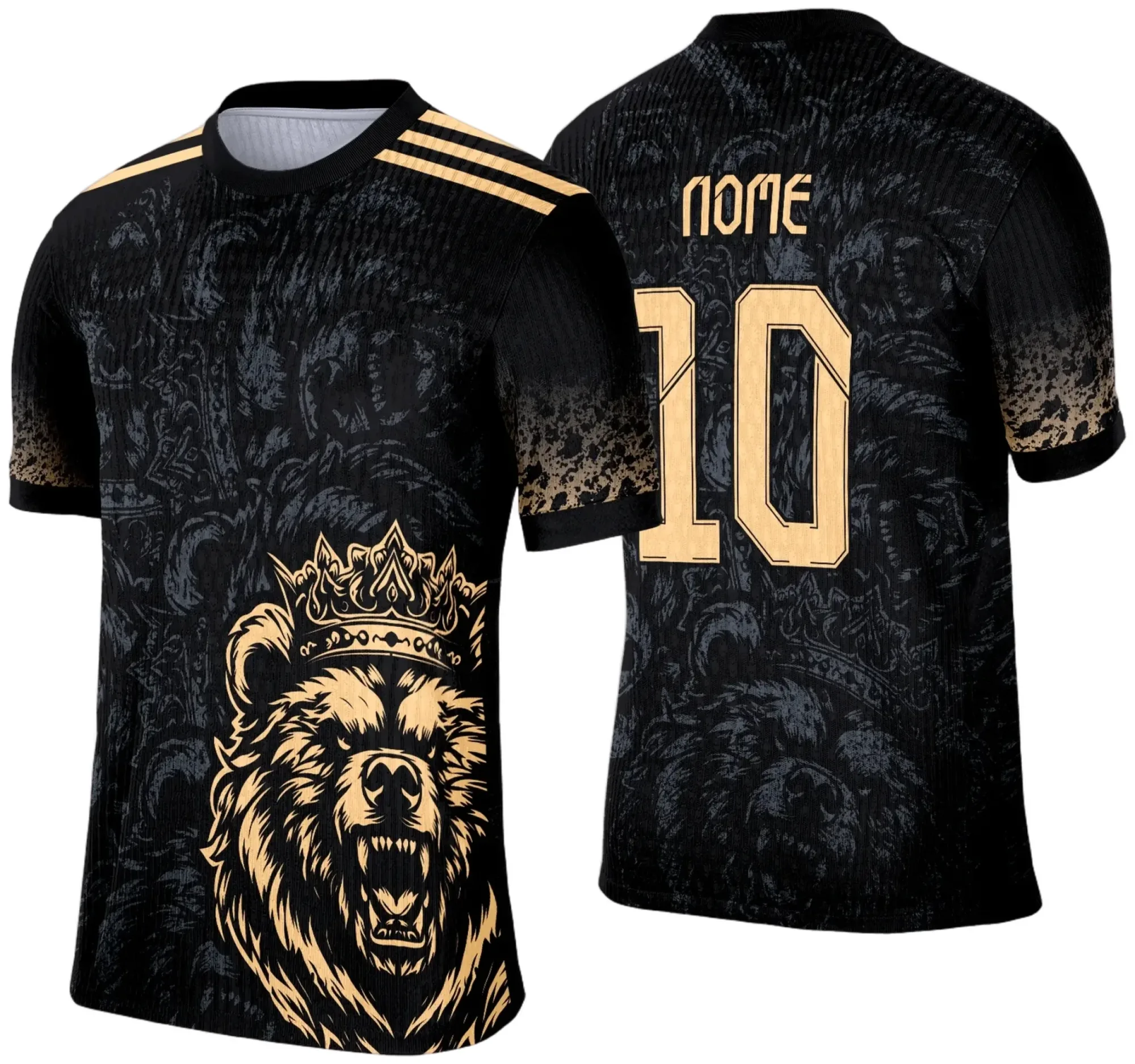 Camiseta unissex preta com logo no peito e estampa grande nas costas mostrando um urso estilizado para camisa de interclasse.