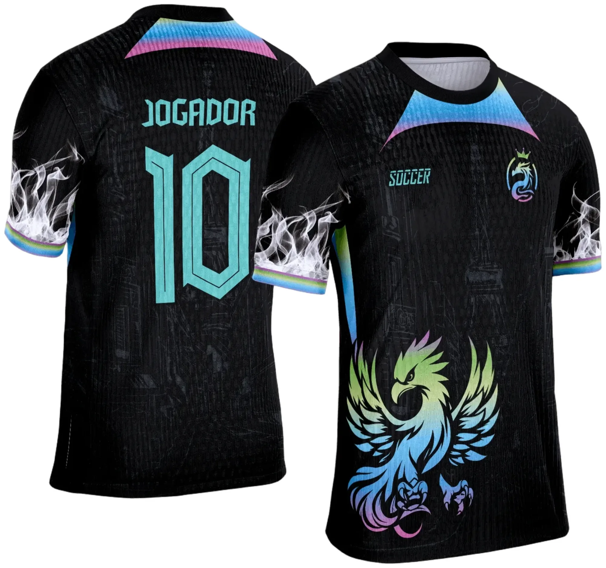 Camiseta unissex preta com logo no peito e estampa grande nas costas com o tema Fênix modelo 6, ideal para eventos de interclasse.