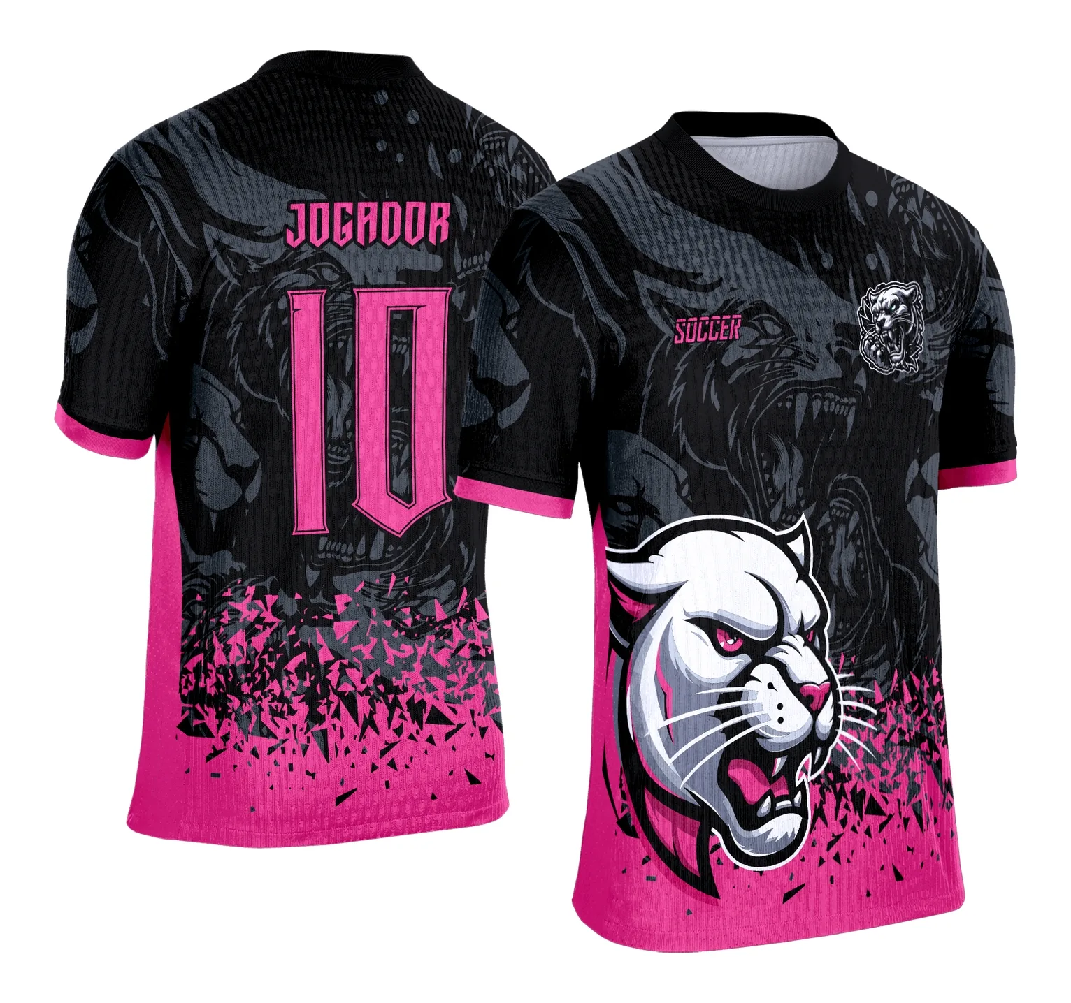 Camiseta unissex preta com logo no peito e estampa grande nas costas de pantera, destacando estilo e atitude para eventos de interclasse.