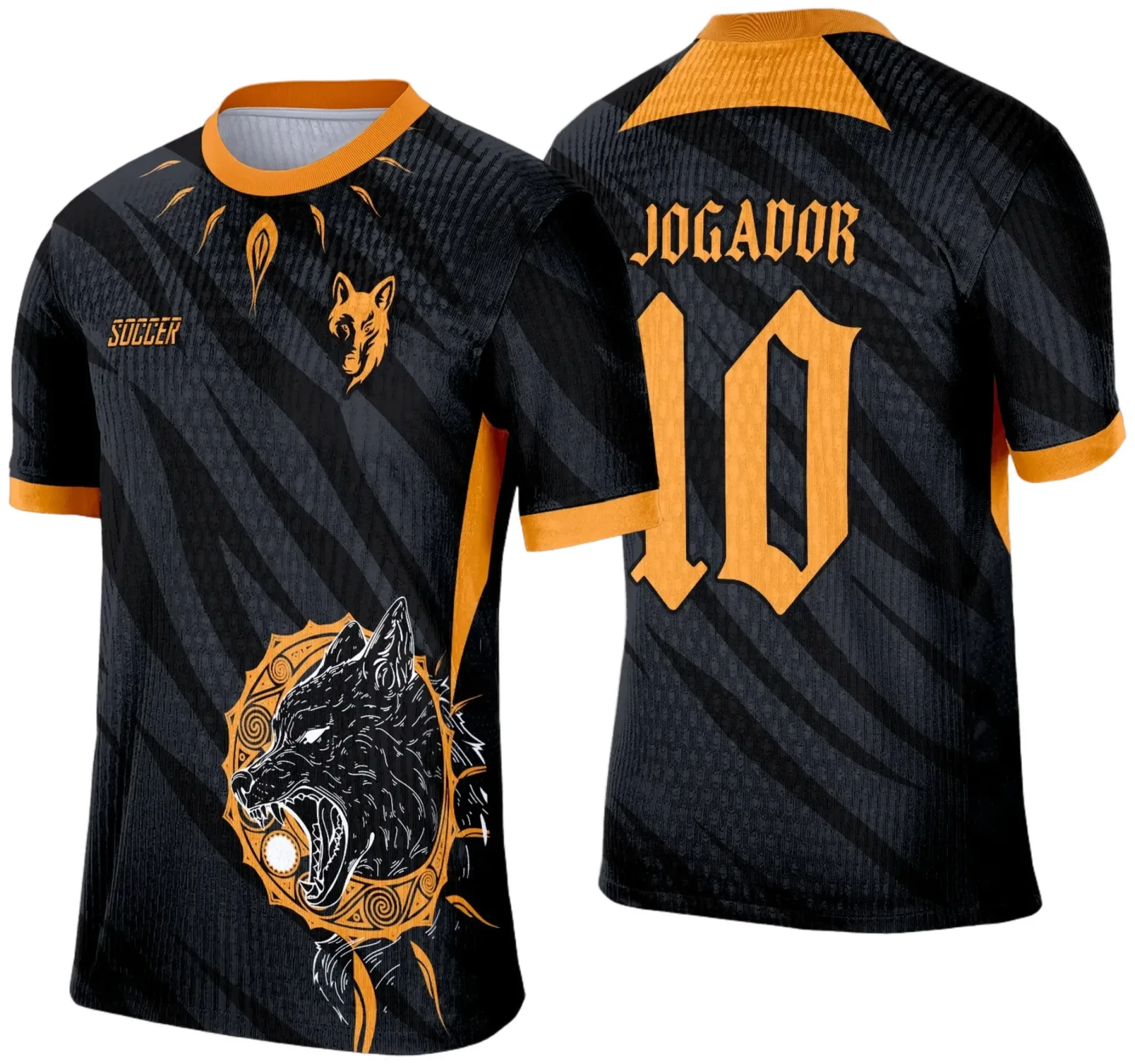 Camiseta unissex preta com logo no peito e estampa grande nas costas do lobo, modelo 2 da coleção Camisa de Interclasse, estilo moderno e marcante.