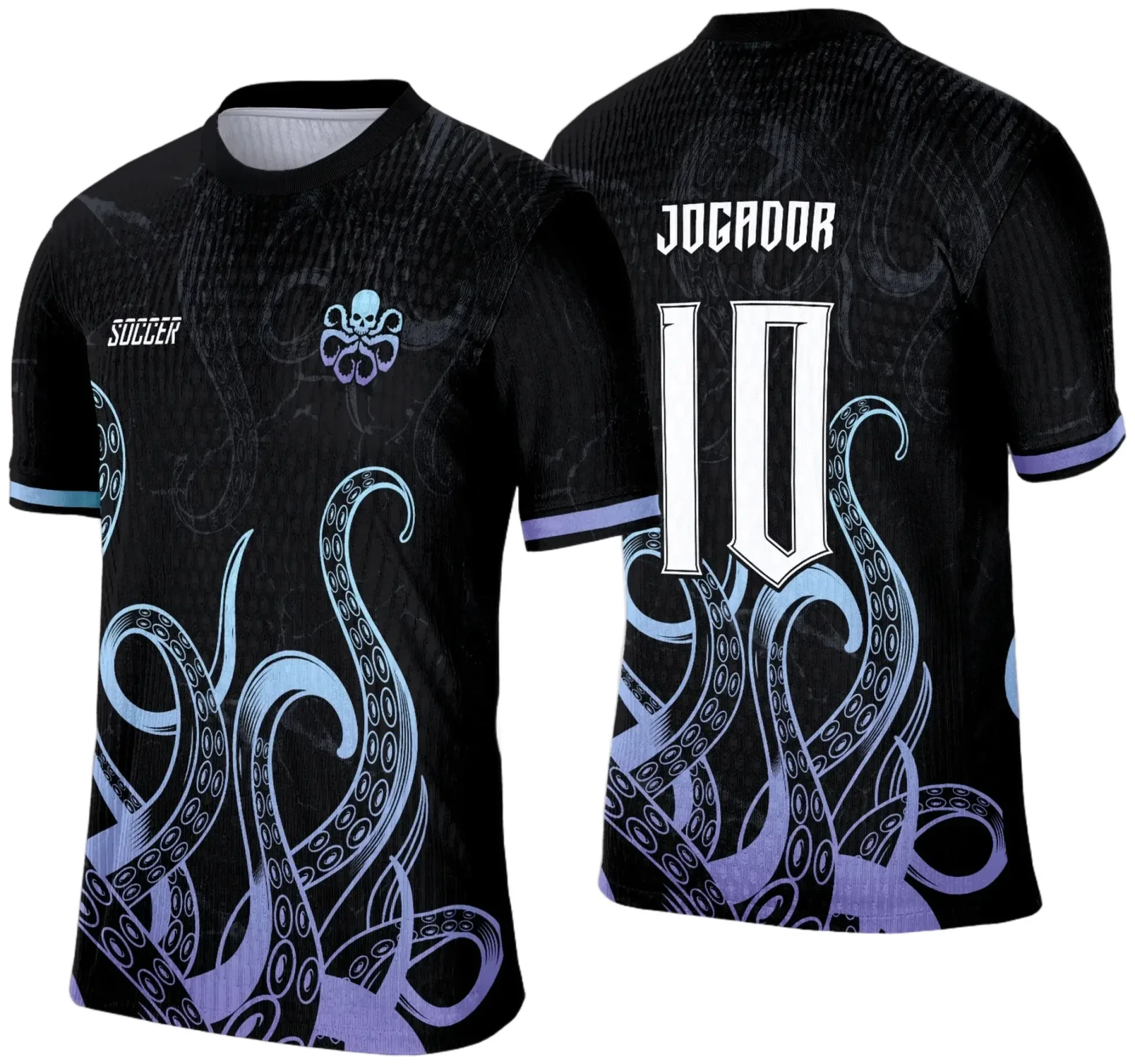 Camiseta unissex preta com logo no peito e estampa grande nas costas mostrando um polvo estilizado no tema de camisa de interclasse.