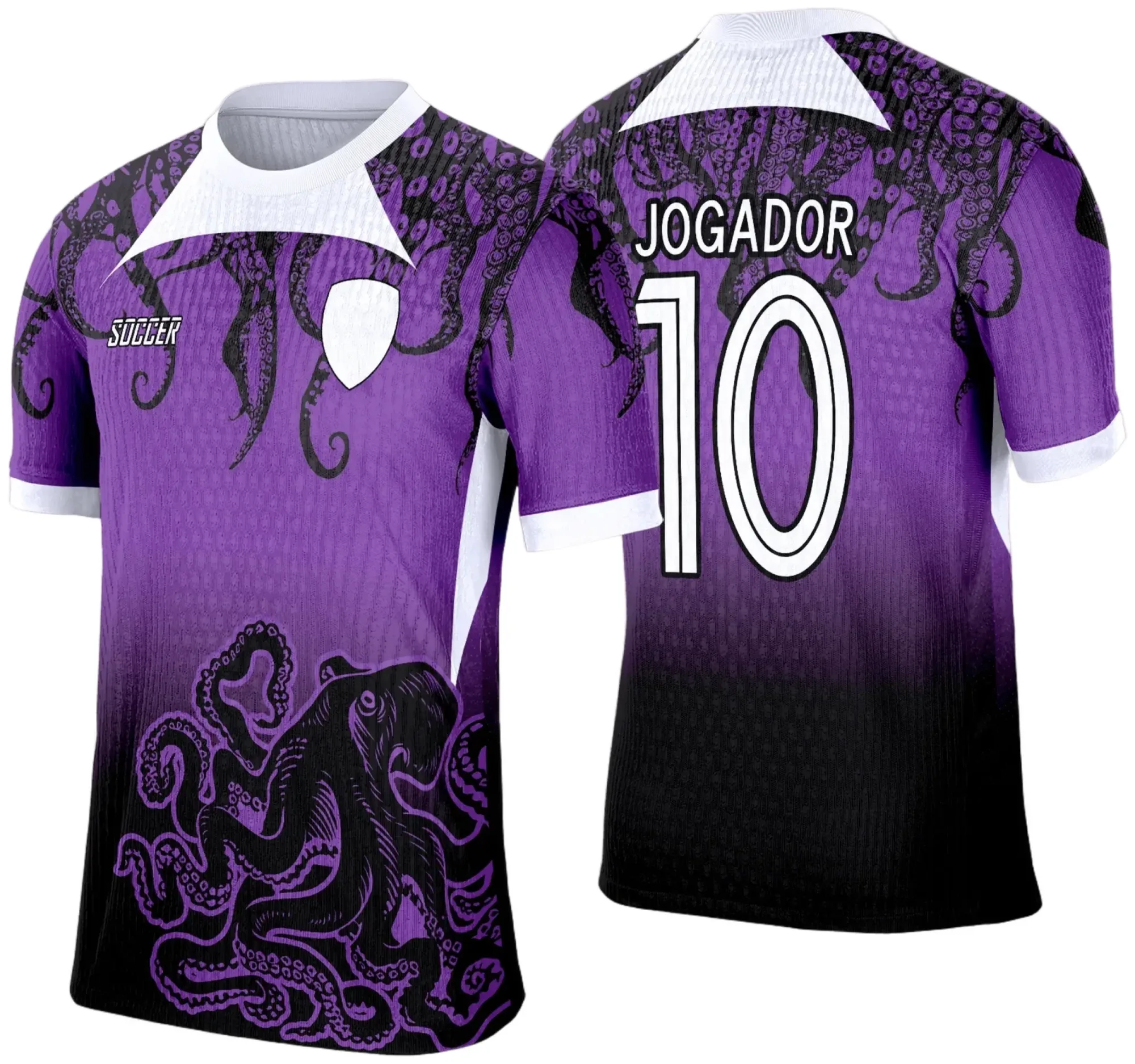 Camiseta unissex preta com logo no peito e estampa grande nas costas mostrando o polvo modelo 3, perfeita para uso casual e eventos interclasse.