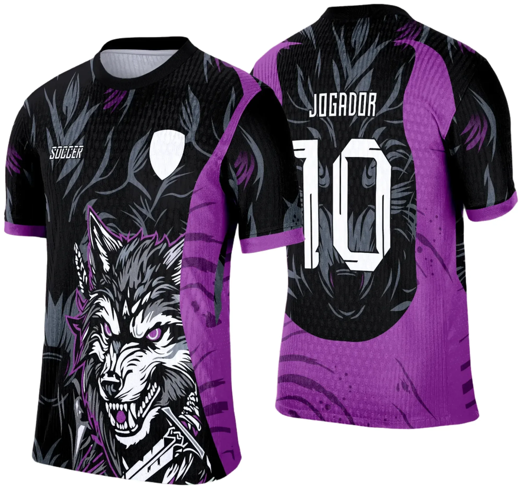 Camiseta unissex preta com logo no peito e estampa grande nas costas mostrando o Lobo, tema Interclasse Escolar 2025, ideal para eventos escolares e estilo moderno.