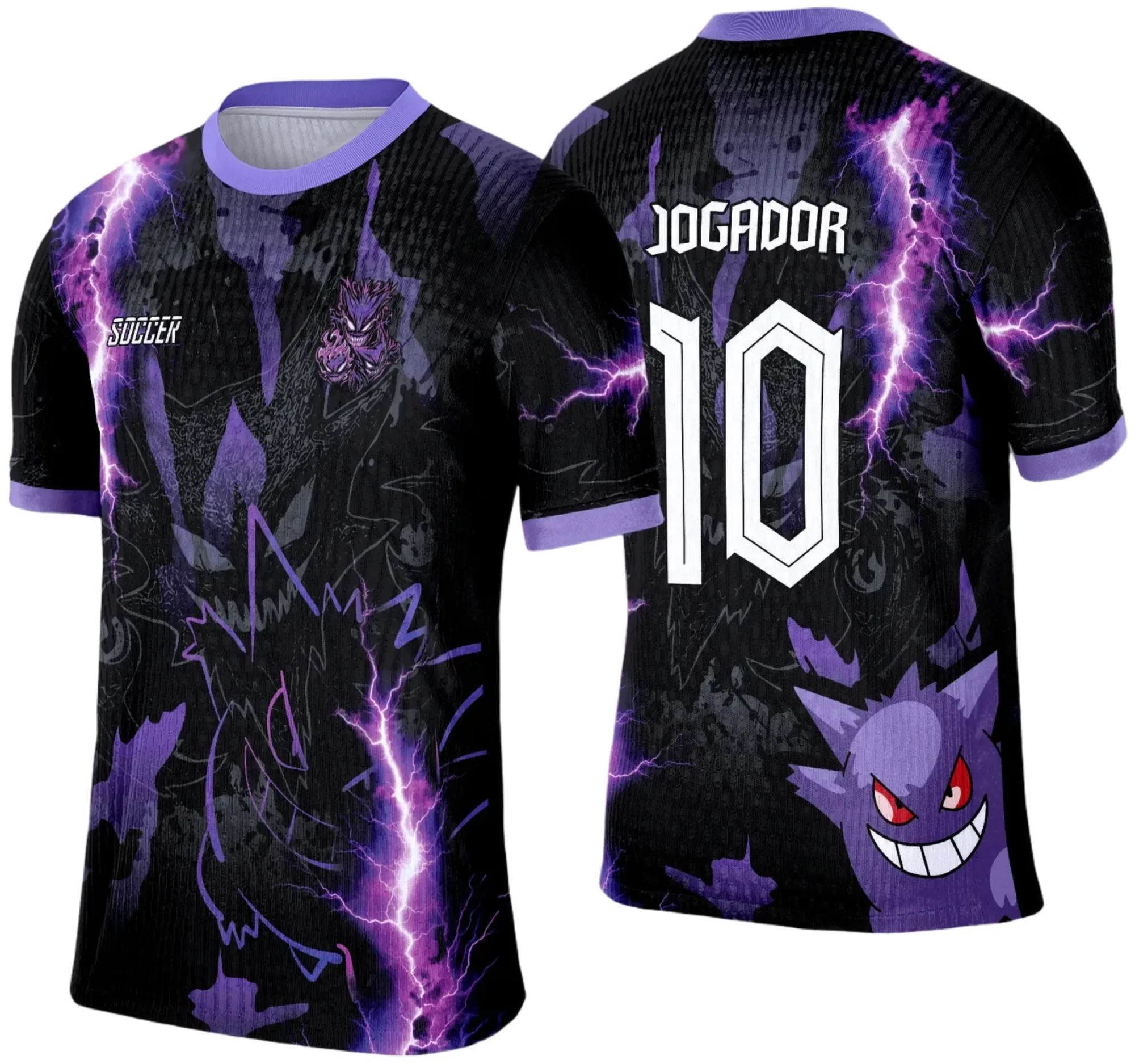 Camiseta unissex preta com logo no peito e estampa grande nas costas do personagem Pokemon Gengar, ideal para eventos escolares e fãs do tema Pokemon.