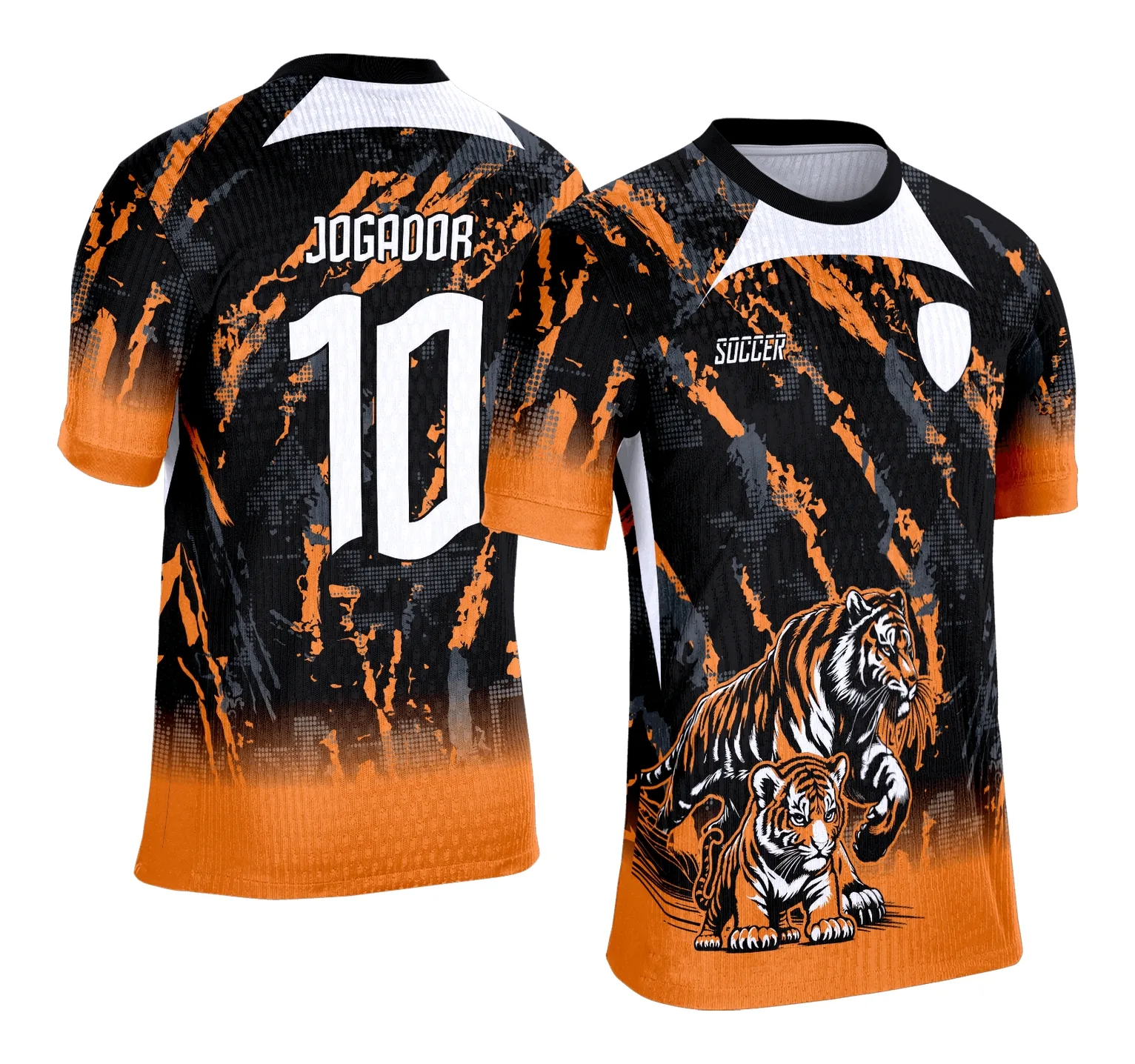 Camiseta unissex preta com logo no peito e estampa grande nas costas do tema Tigres para Interclasse Escolar 2025, feita para destacar unidade e espírito esportivo.