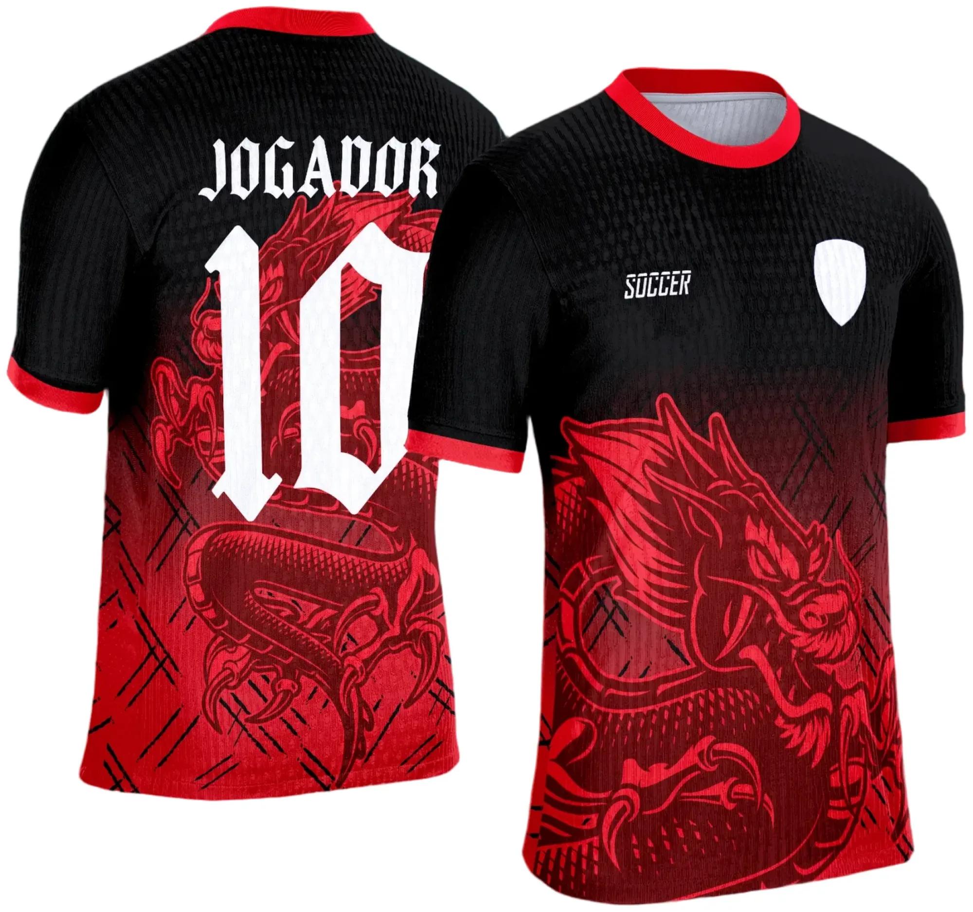 Foto de camiseta unissex preta com logo no peito e estampa grande nas costas do Dragão Vermelho, tema escolar e interclasse 2025.
