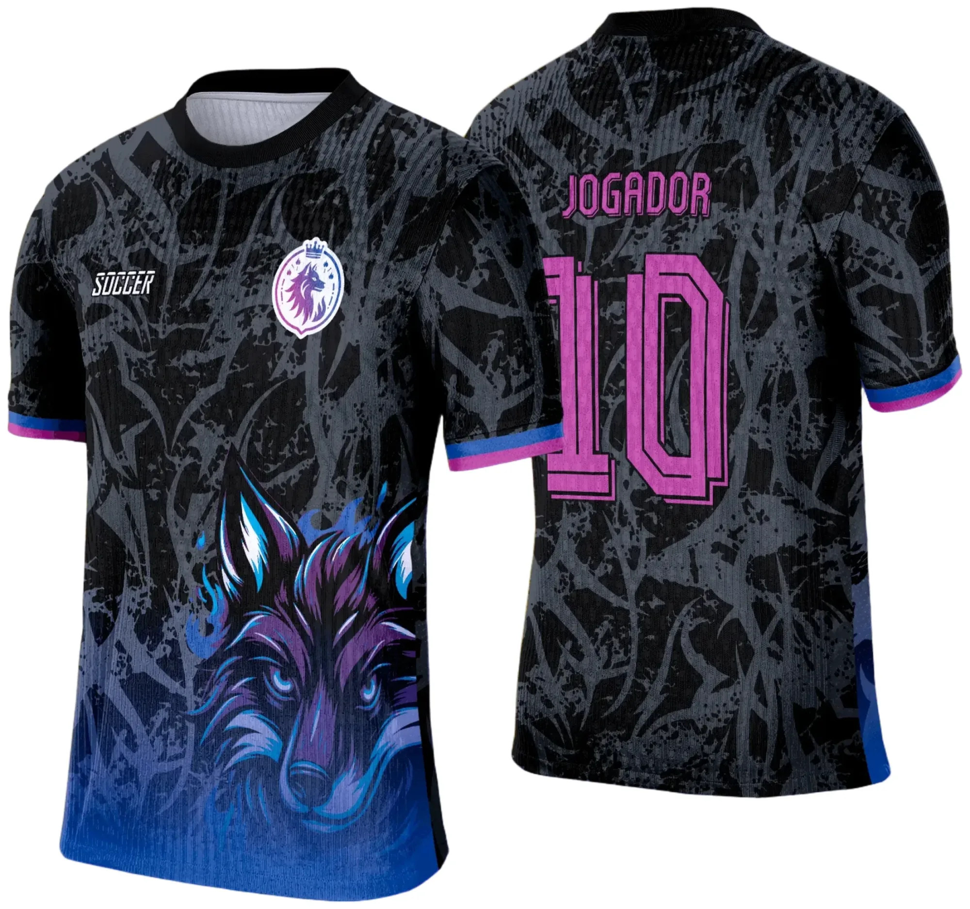 Camiseta unissex preta com logo no peito e estampa grande nas costas mostrando o Lobo FOX para o Interclasse Escolar 2025, visual moderno e atraente para estudantes.