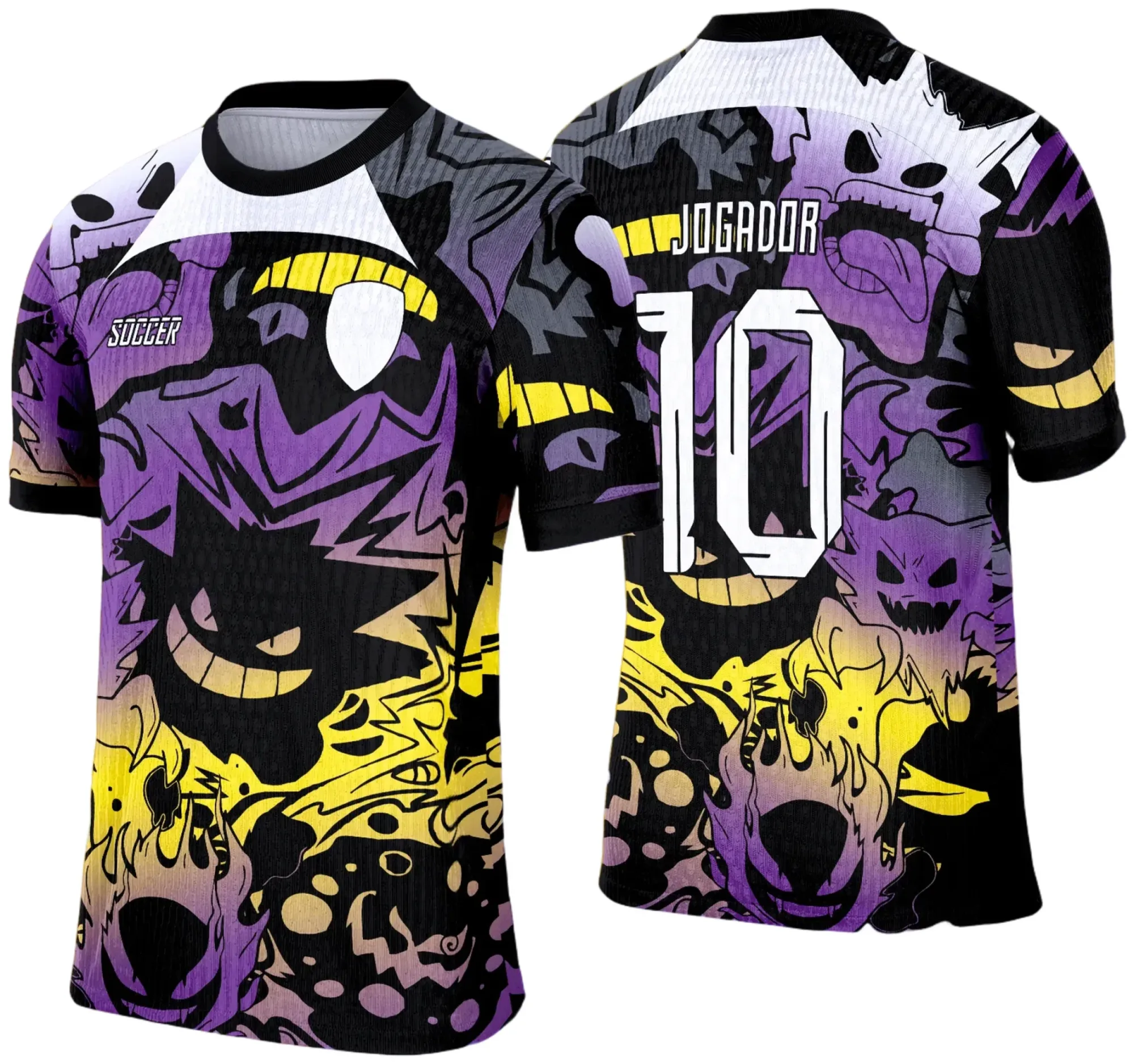 Camiseta unissex preta com logo no peito e estampa grande nas costas, tema Pokemon Gengar da Camisa de Interclasse 2025, visual moderno e vibrante.