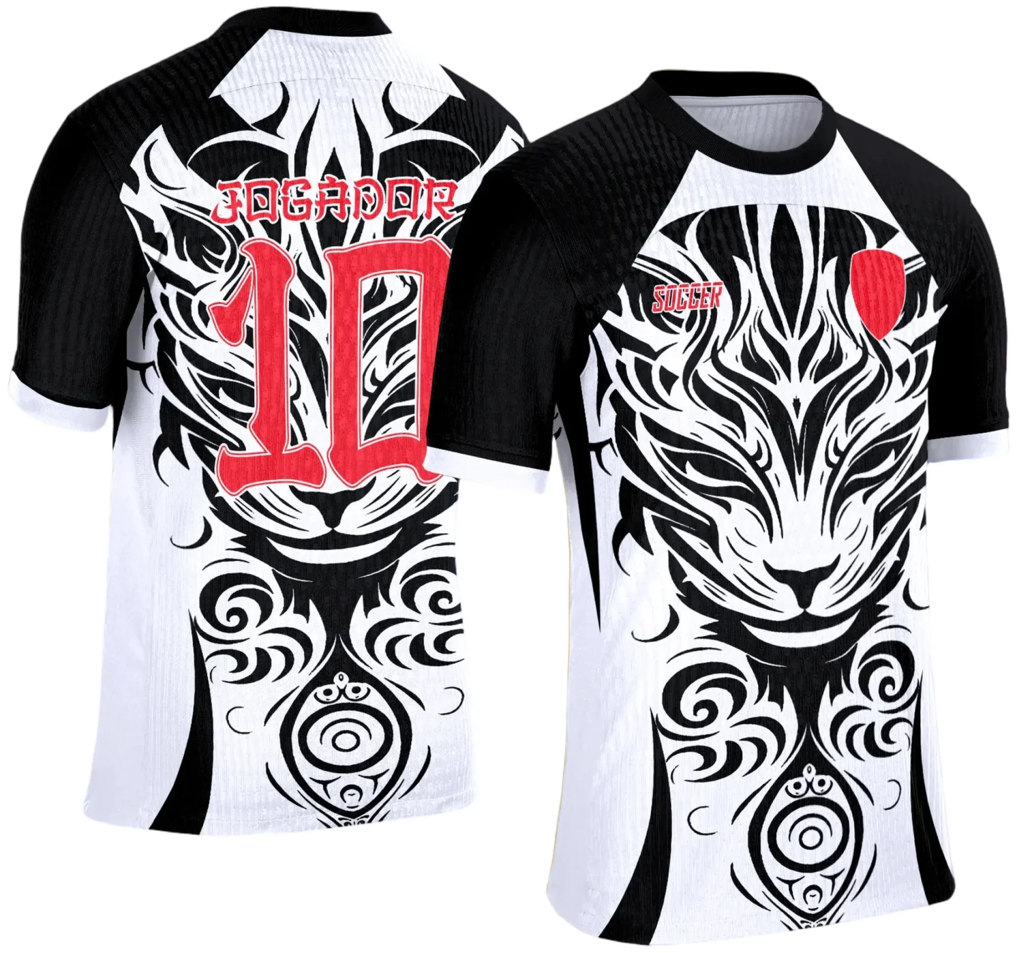 Camiseta unissex preta com logo no peito e estampa grande nas costas mostrando um tribal de gato estilizado, ideal para o Interclasse 2025