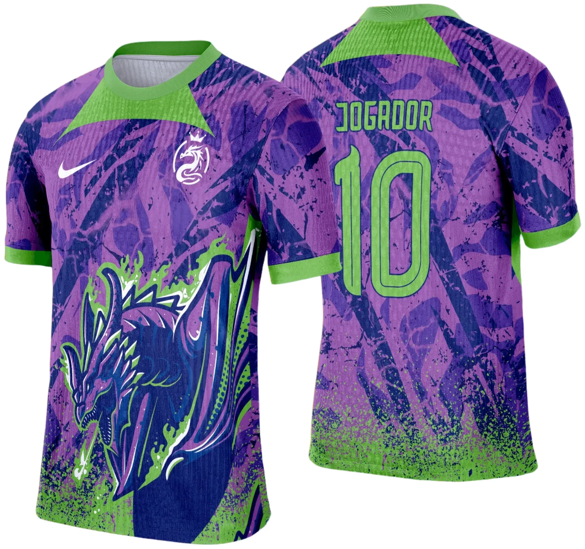 Camiseta unissex preta com logo no peito e estampa grande nas costas representando dragão roxo e verde referente ao Interclasse 2025, ideal para quem busca estilo marcante e original.