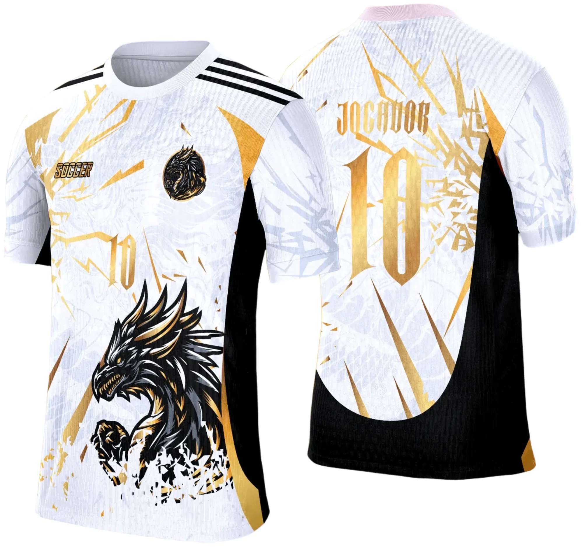 Camiseta unissex preta com logo no peito e estampa grande nas costas de dragão branco e dourado, tema Interclasse 2025, design marcante e elegante para todas as ocasiões.