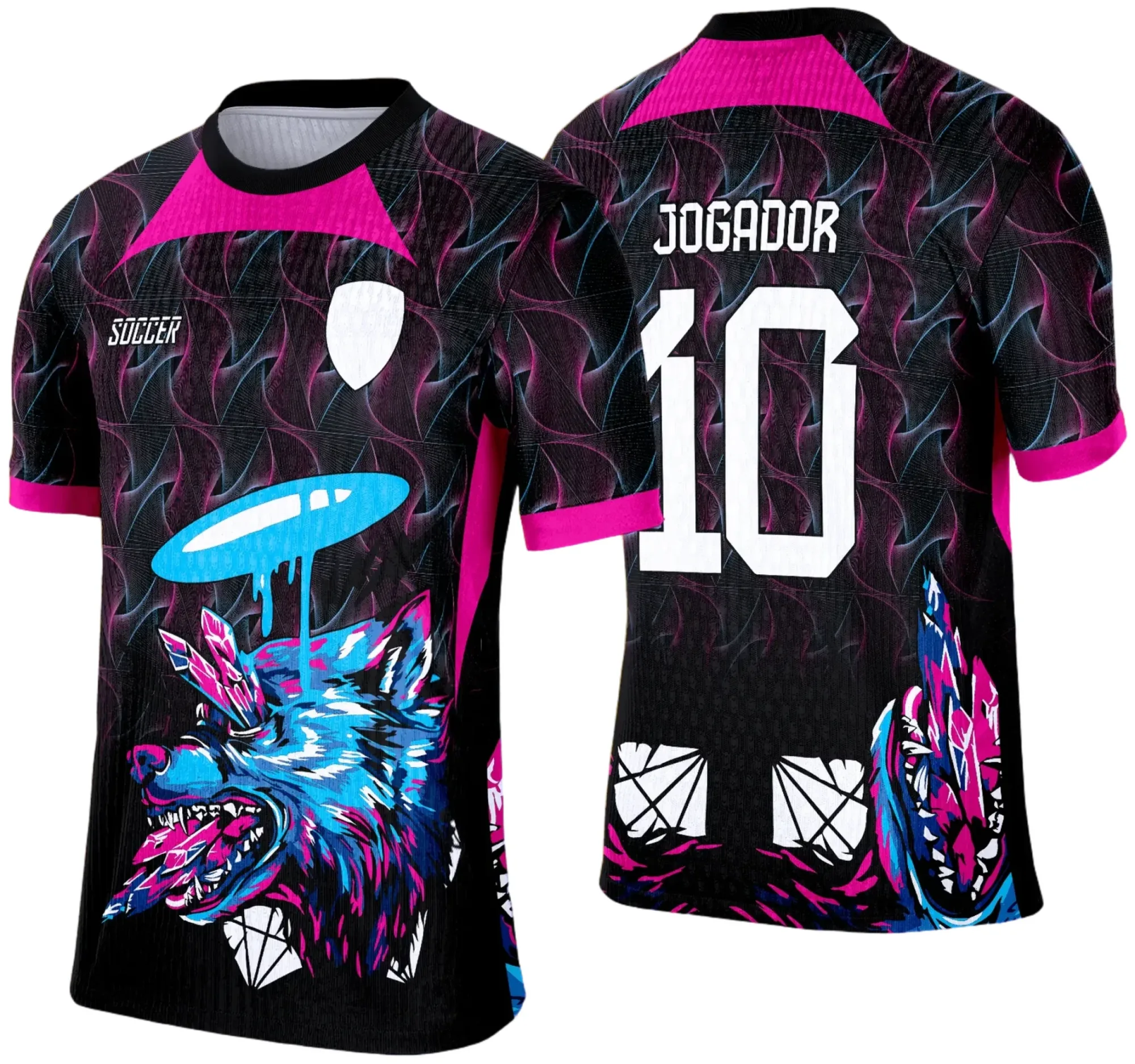 Camiseta unissex preta com logo no peito e estampa grande nas costas com tema Lobo, perfeita para o Interclasse 2025, destacando força e união.