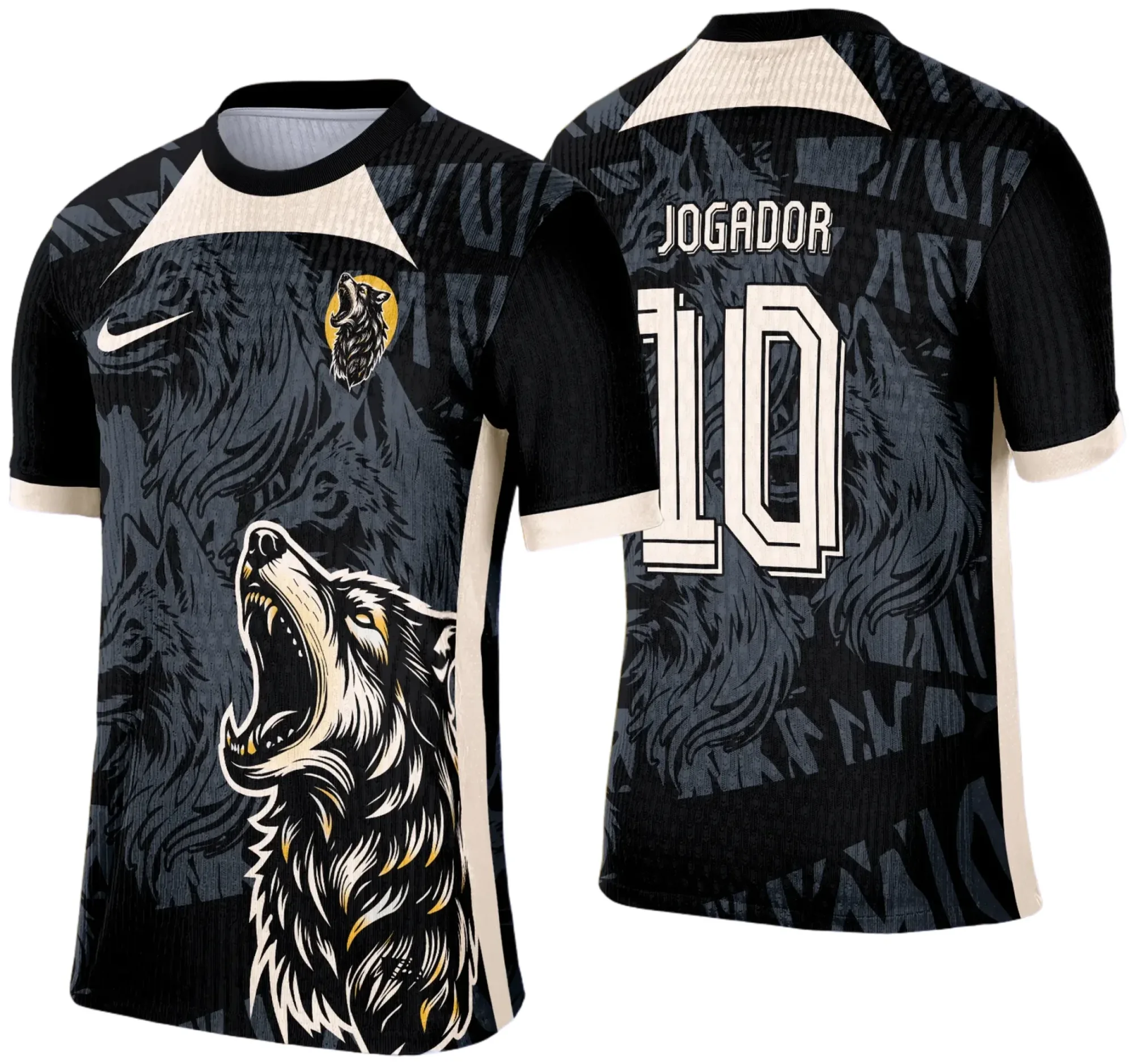 Camiseta unissex preta com logo no peito e estampa grande nas costas com desenho de lobo dourado, tema Interclasse 2025, perfeita para eventos e uso casual.