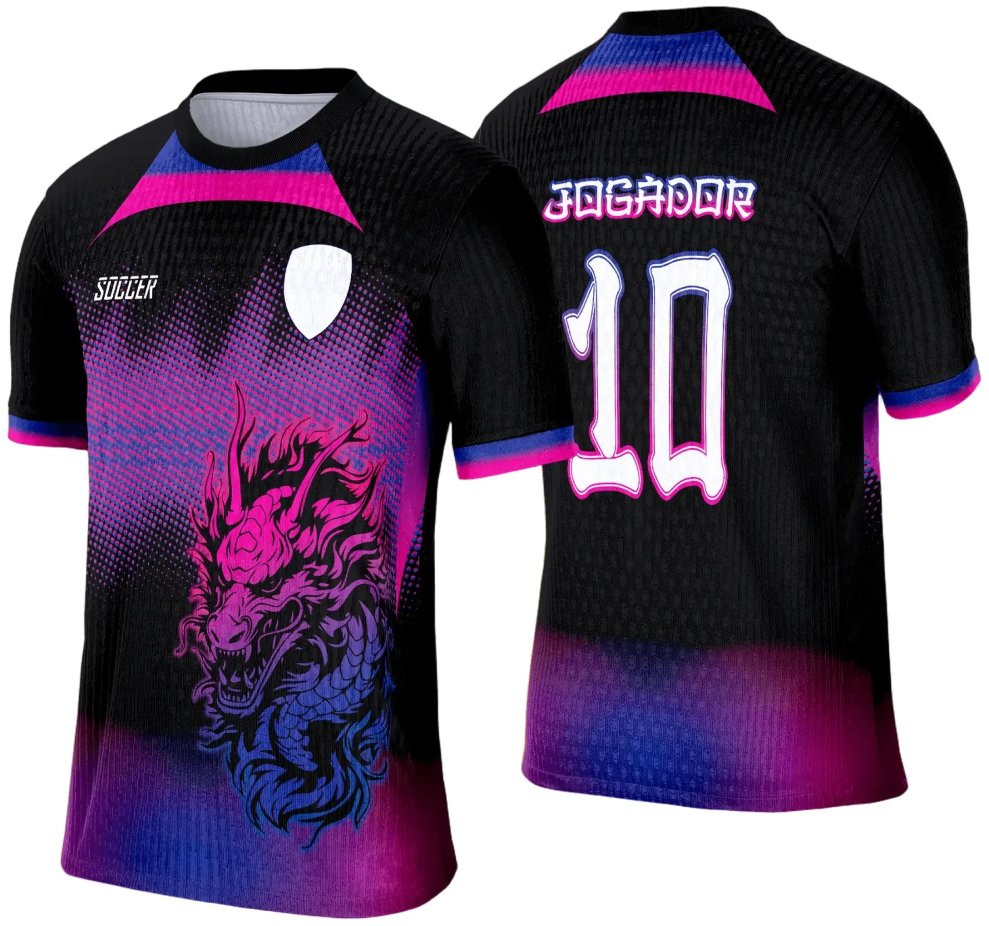 Camiseta unissex preta com logo no peito e estampa grande nas costas mostrando dragão roxo dinâmico, ideal para a Interclasse 2025.