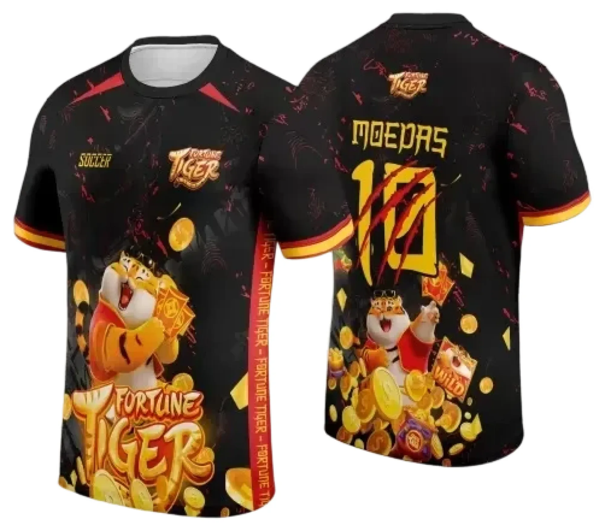 Foto de camiseta unissex preta com logo no peito e estampa grande nas costas mostrando o tema Interclasse Tigrinho Mod-167