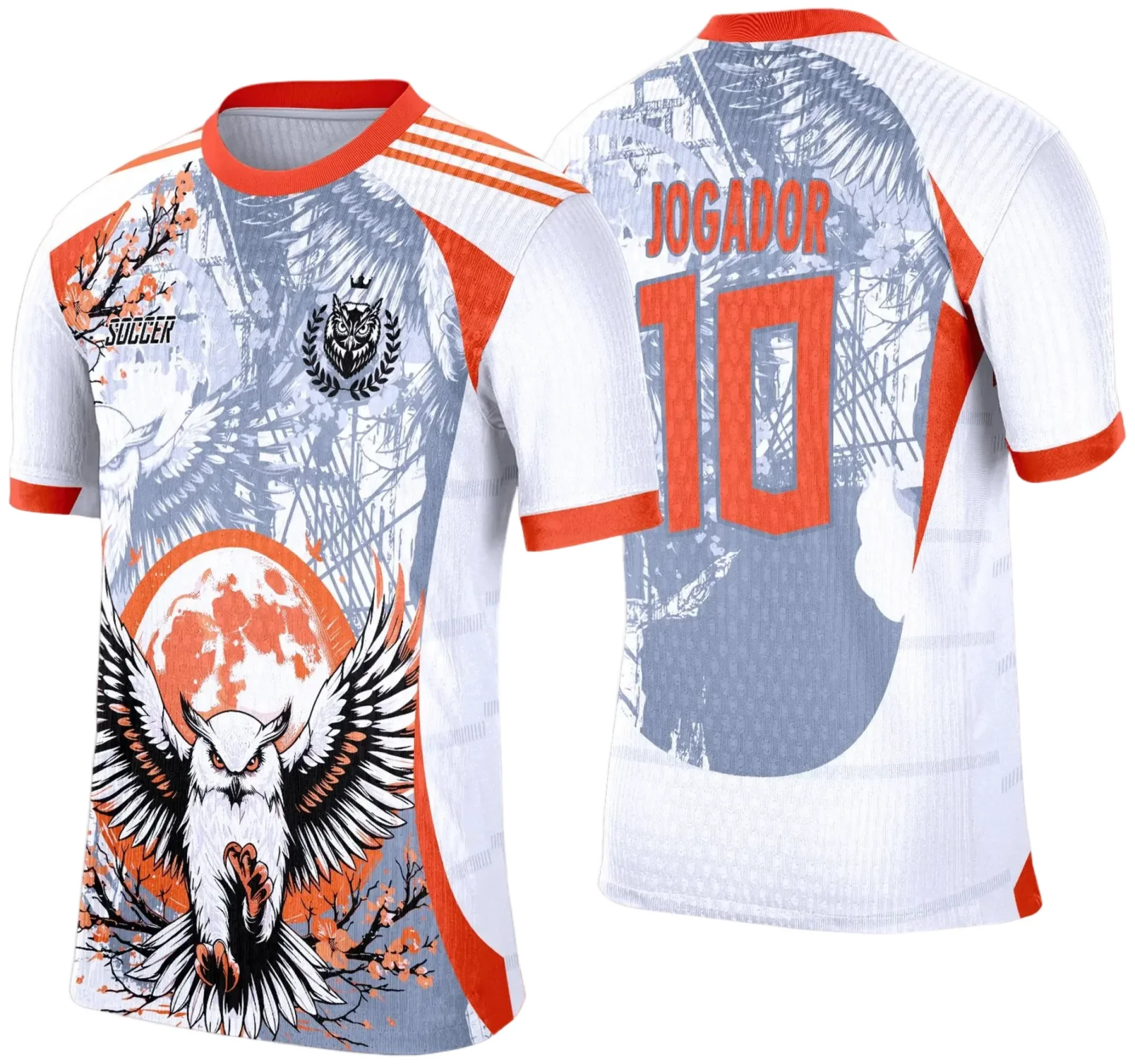 Camiseta unissex branca com logo no peito e estampa grande nas costas mostrando coruja estilizada, tema Interclasse 2025, perfeita para eventos escolares e esportivos.