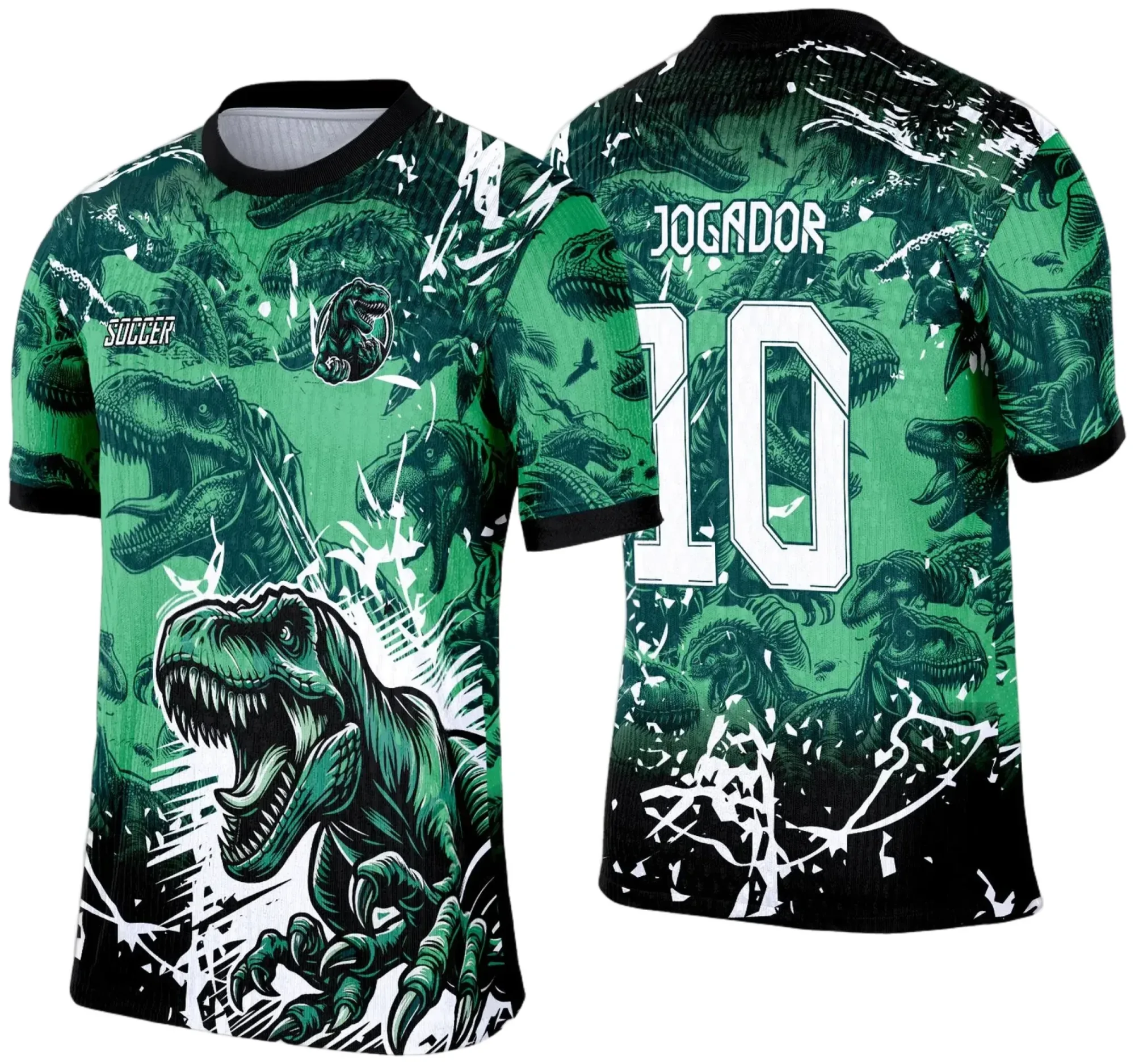 Camiseta unissex preta com logo no peito e estampa grande nas costas mostrando dinossauro em verde, tema de interclasse 2025, design moderno e marcante.