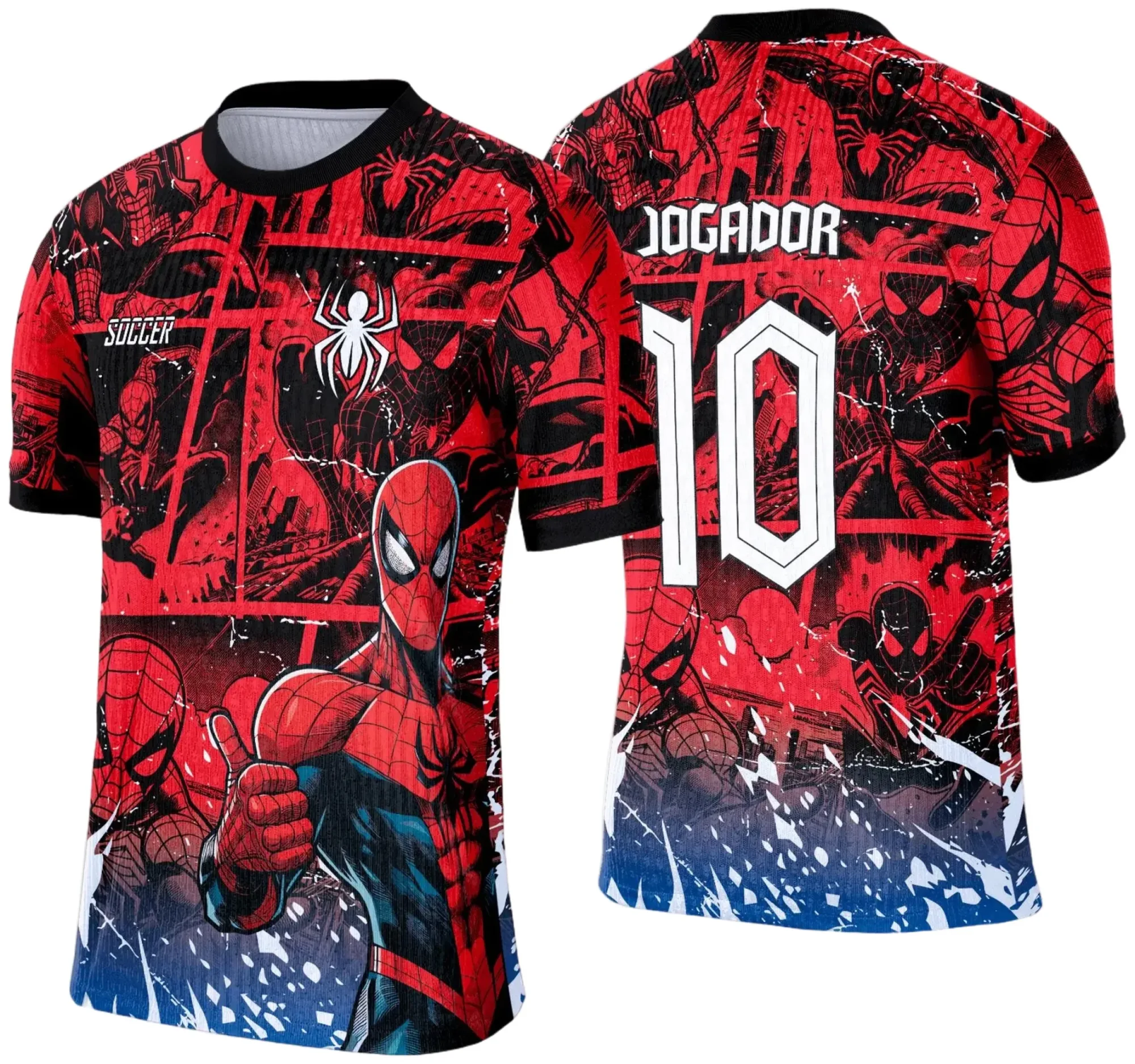Camiseta unissex com cor base preta, logo no peito e estampa grande nas costas com tema do Homem Aranha vermelho vibrante, perfeita para eventos escolares de interclasse 2025.