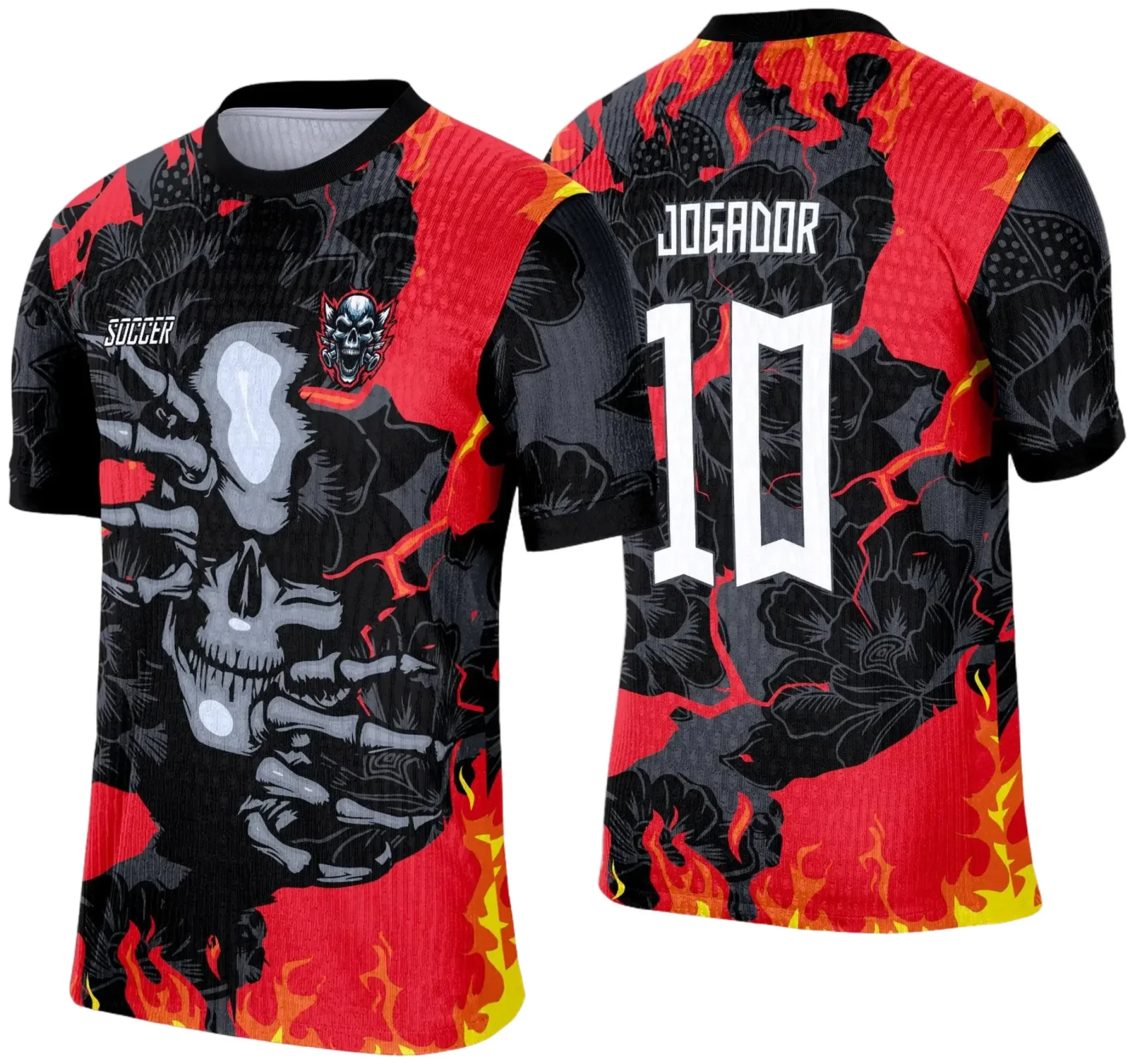 Camiseta preta unissex com logo no peito e estampa grande nas costas com tema caveira para interclasse 2025, estilo marcante e moderno, perfeita para eventos de equipe.