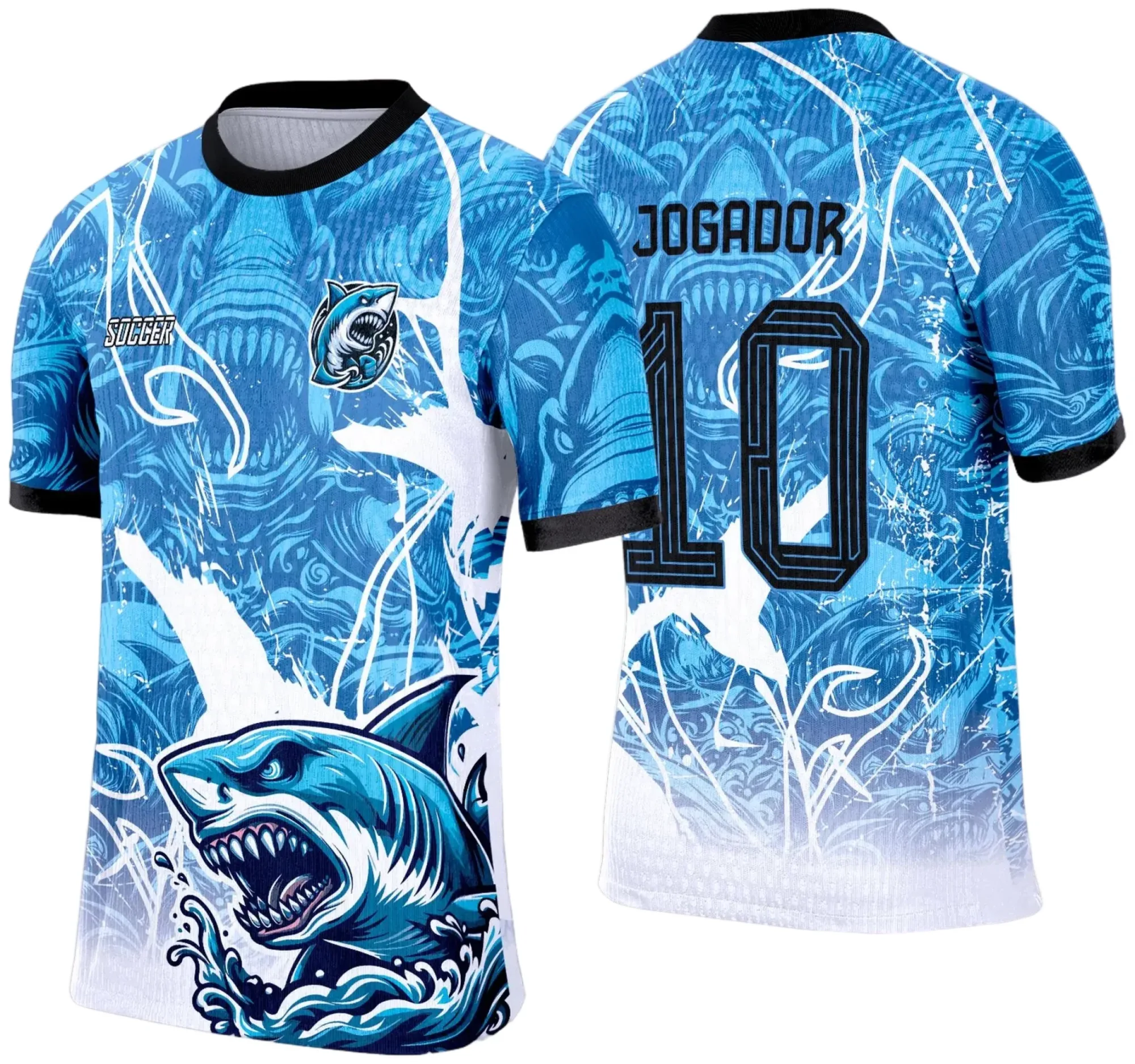 Camiseta unissex com logo no peito e estampa grande nas costas, base preta, design exclusivo do Tubarão para Interclasse 2025, estilo moderno e vibrante.